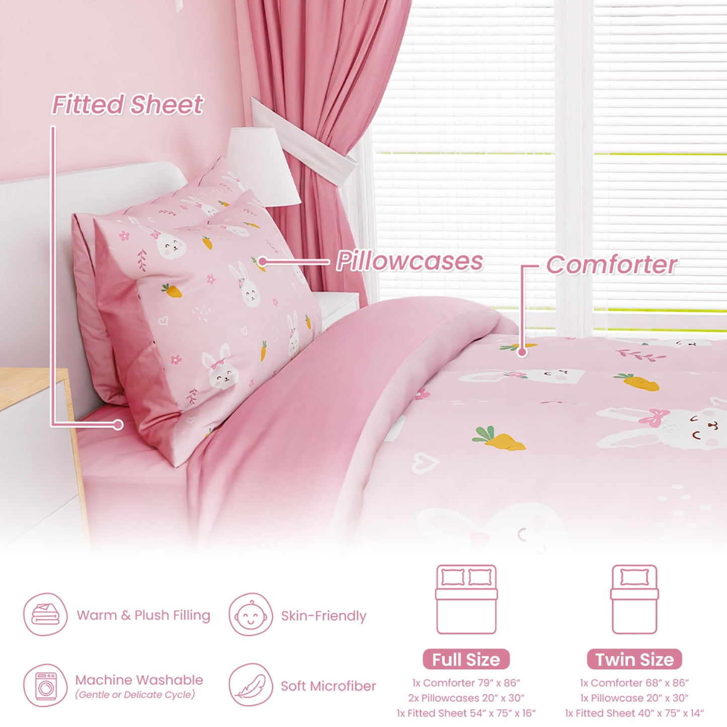 SANDJEST Rabbit Comforter Set Twin Size 68x86in for Kids Girls, Microfiber 3 Pcs Bedding Set Includes 1 Comforter, 1 Pillowcase, 1 Fitted Sheet, Nursery Room Decor