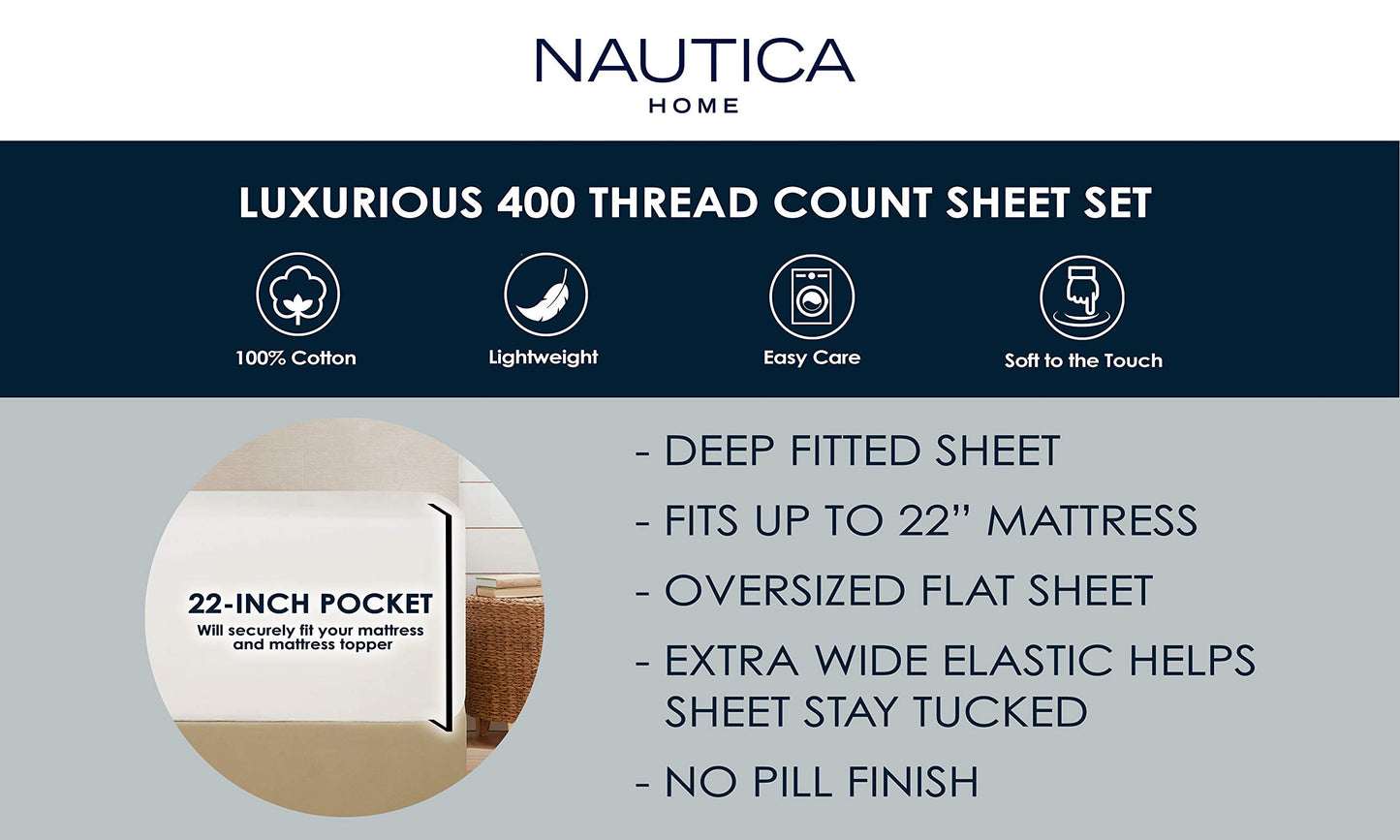 Nautica - King Sheets, Cotton Sateen Bedding, 400 Thread Count, Silky Smooth & Wrinkle Resistant (Regatta White, King)
