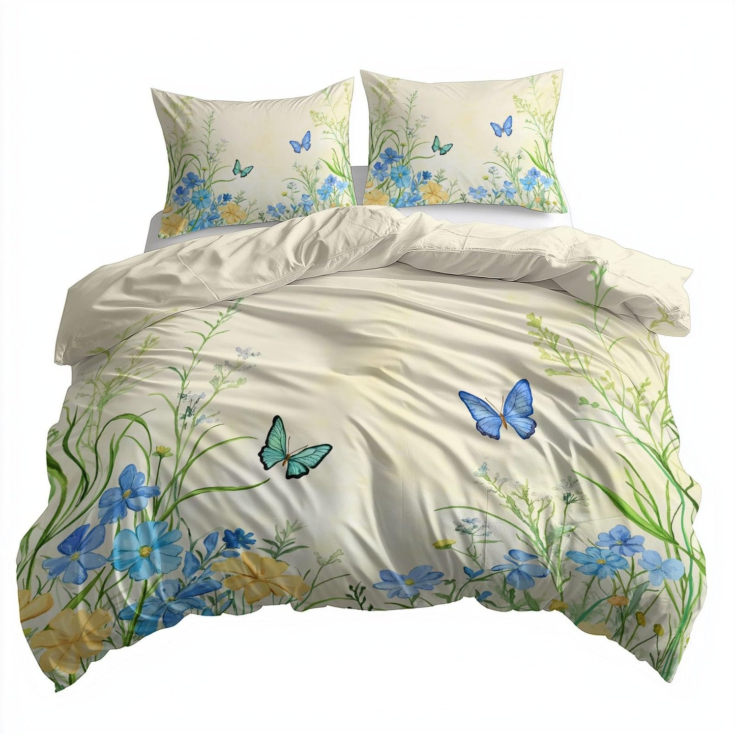 Twin Duvet Cover Set - Countryside Flower Field Butterfly Bedding Beige, 2 Piece Set with Zipper Closure, Easy Care Breathable Cozy, 1 Duvet Cover 68 x 90 inches and 1 Pillow Shams