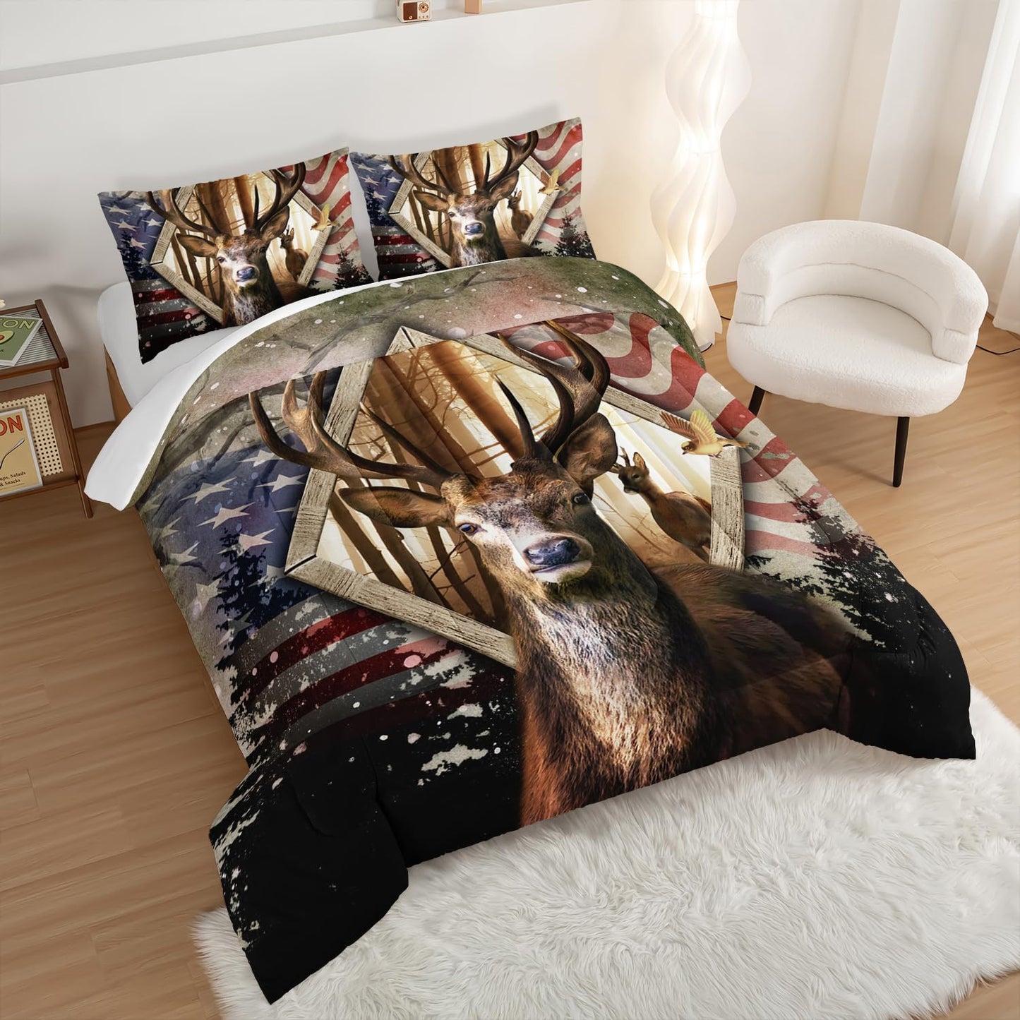 HOSIMA Hunting Bedding Sets 3Pcs Deer Comforter with 2 Pillowcases,Western Farmhouse Animal Hunting Stars Stripes USA Flag Full Size Comforter for Teen Boys Mens Bedroom Essentials RV Inside Decor.