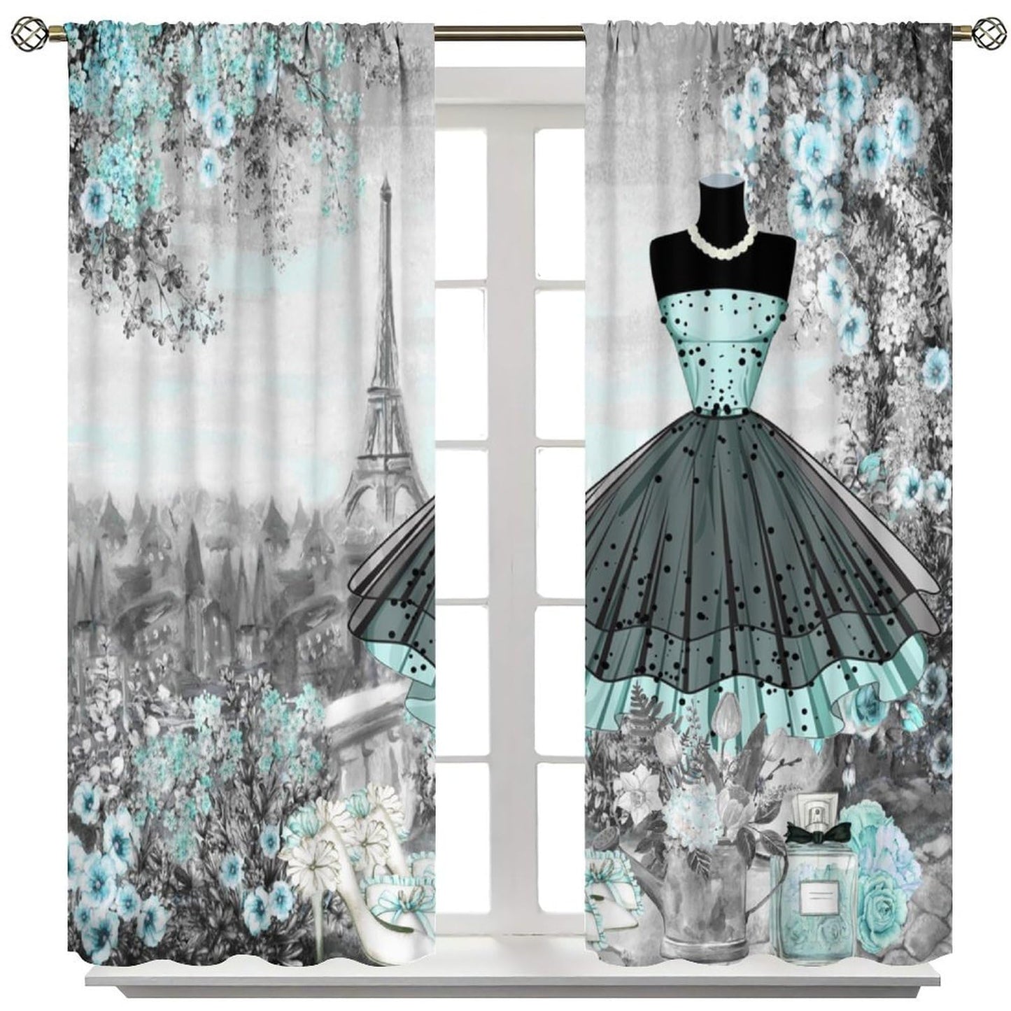 Nanacur Fashion Women Curtains, Dresses France Paris Floral Romantic Valentine's Day Perfume Eiffel Tower Window Drapes, for Bedroom Living Room 42" W X 45" L (Decorative)