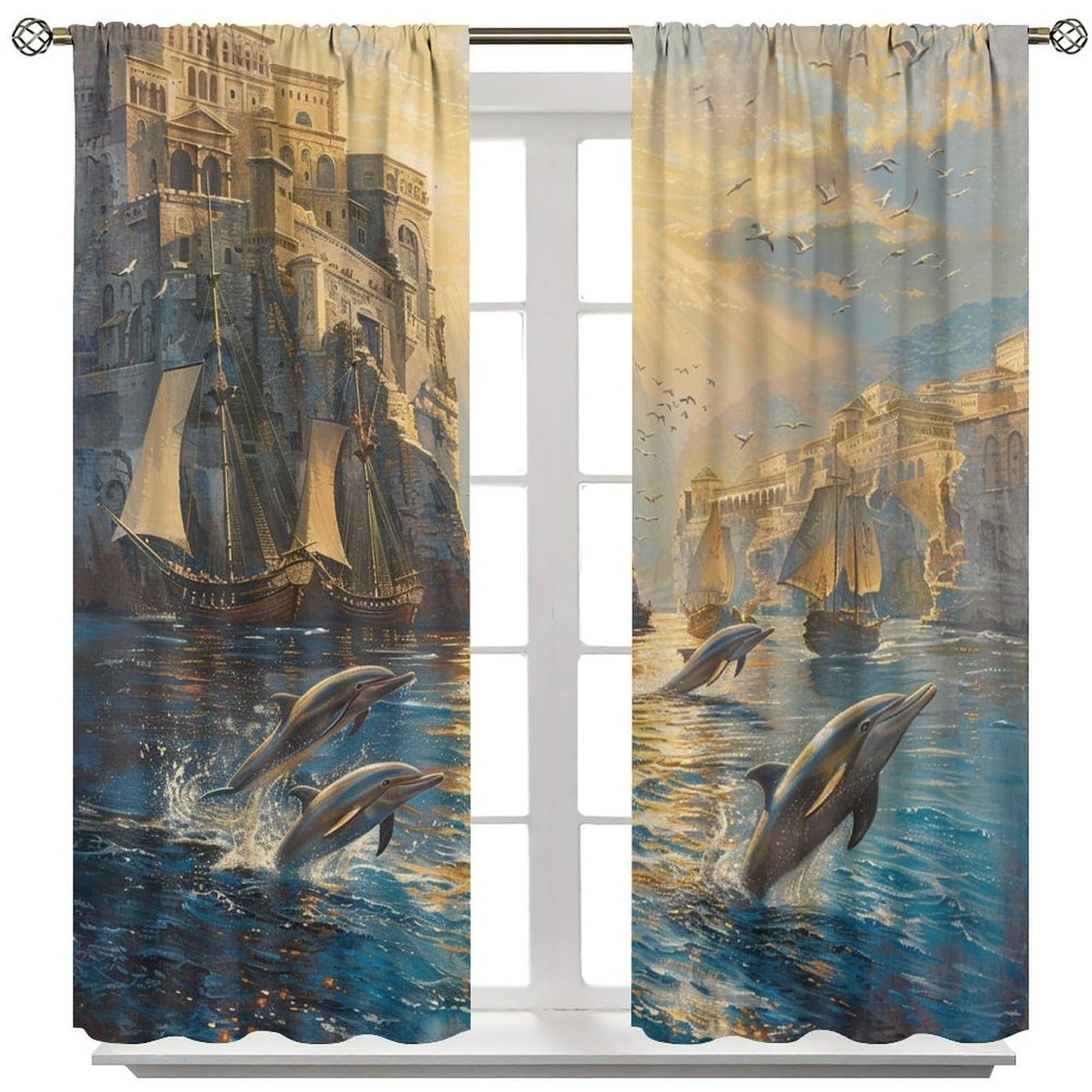 TOWINSFB Cute Dolphin Sailboat Blackout Curtains for Bedroom Living Room, Vintage Building Ocean Pirate Ship Thermal Insulated Room Darkening Curtain - 42" W x 45" L