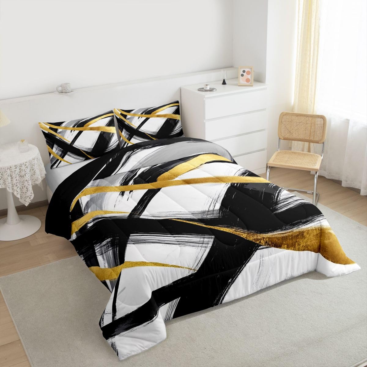 jejeloiu Black Gold Comforter Set Queen Size Geometric Bedding Set for Kids Boys Girls Stripe Line Duvet Quilt Modern Abstract Bedroom Decor Microfiber 3 Pcs with 2 Pillow Cases