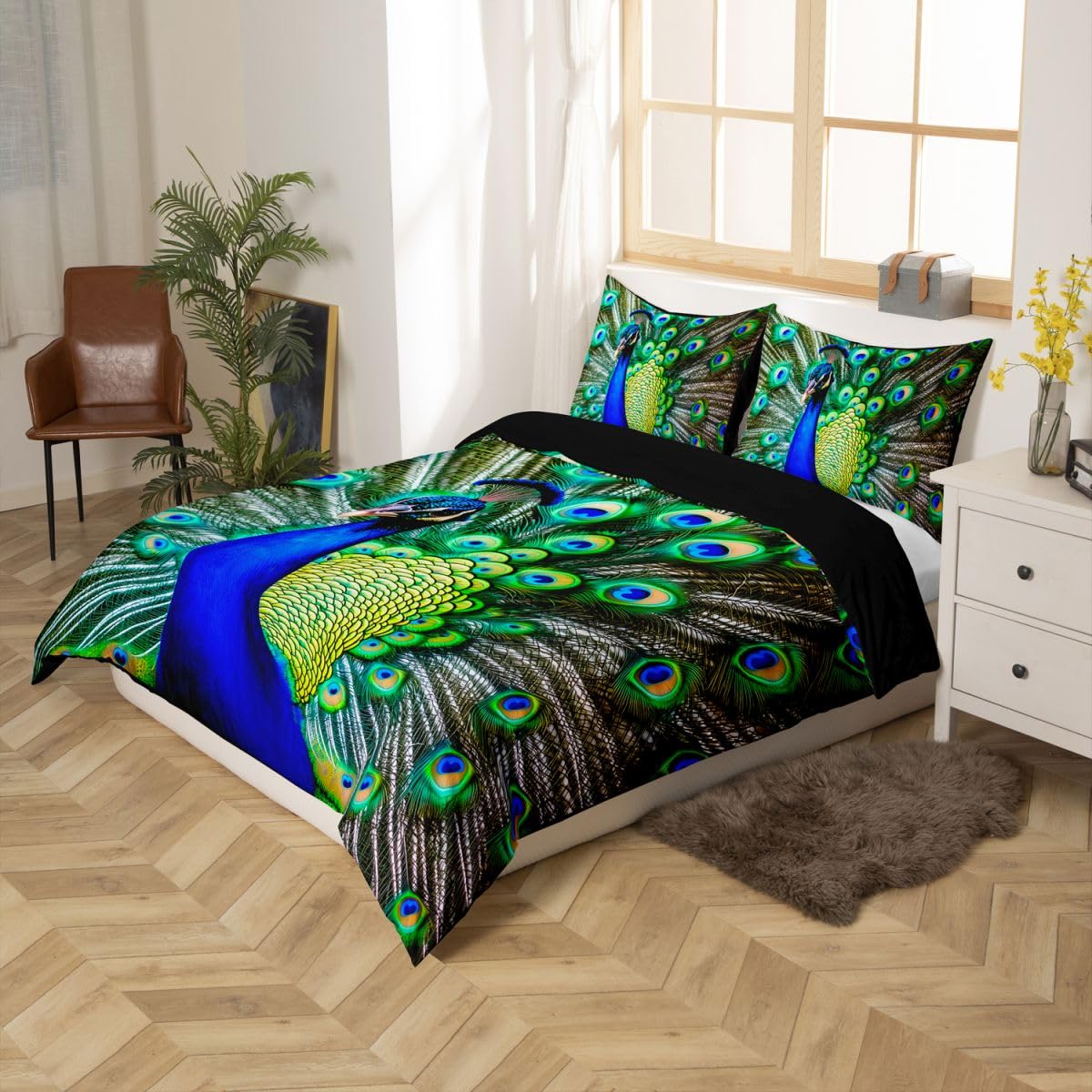 Peacock Duvet Cover King Size Green Cute Animal Pattern Bedding Set Peacock Feather Printed Decor Comforter Cover Set with Zipper Ties Adult Women Soft Quilt Set,1 Duvet Cover with 2 Pillow Cases