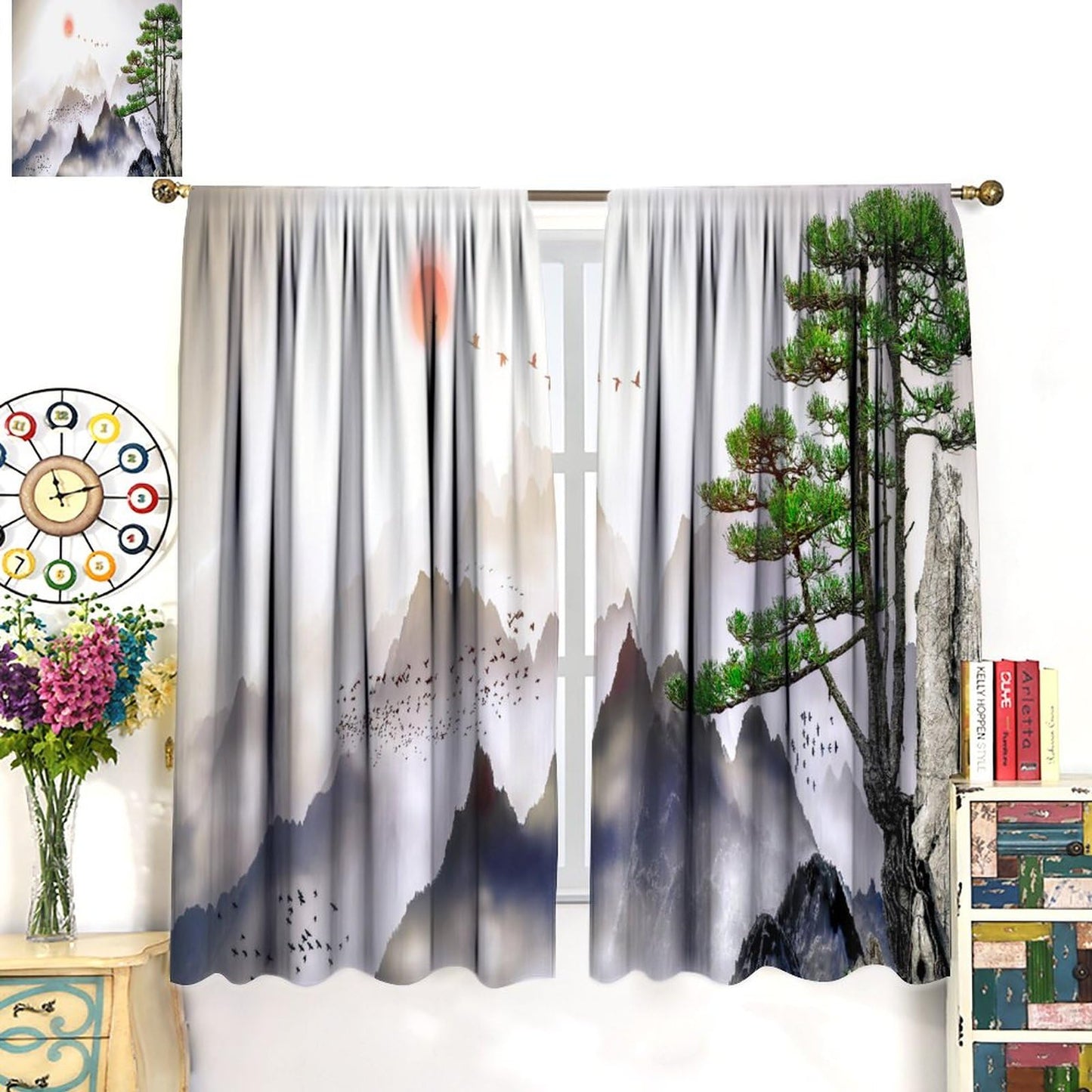 Asian Kitchen Curtains Traditional Chinese Ink Landscape Painting Green Branches and Animal Birds for Living Room Bedroom Blackout Privacy Noise Reduction Curtains 42x45 Inches 2 Panels