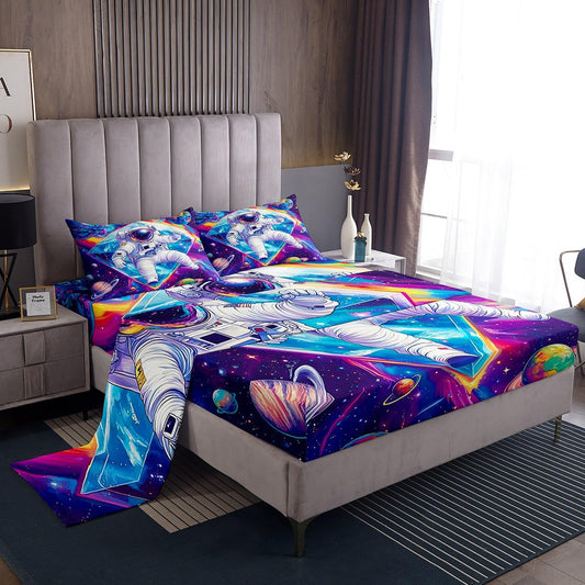 Feelyou Astronaut Sheet Set Queen Size Kids Outer Space Sheets with Deep Pocket Fitted Sheet for Boys Teens Cosmonaut Spaceman Bed Sheets Set Breathable Galaxy Bedding Set Universe Planets Bed Set