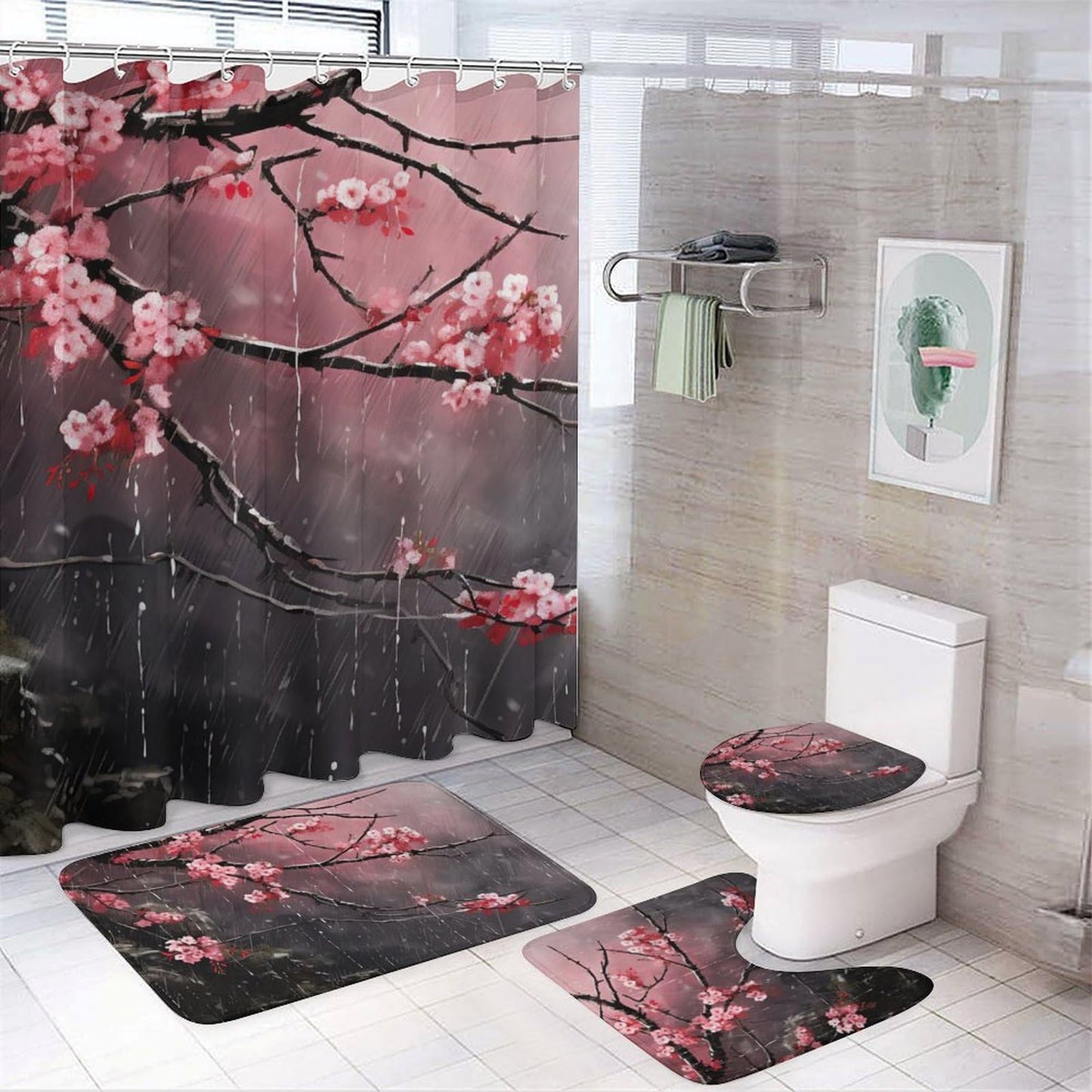 SOPIYRIO 4Pcs Cherry Blossom Pink Floral Shower Curtain Sets with Non-Slip Rugs,Toilet Lid Cover and Bath Mat, Japanese Style Shower Curtain with 12 Hooks,Bath Shower Curtain for Bathroom Decor