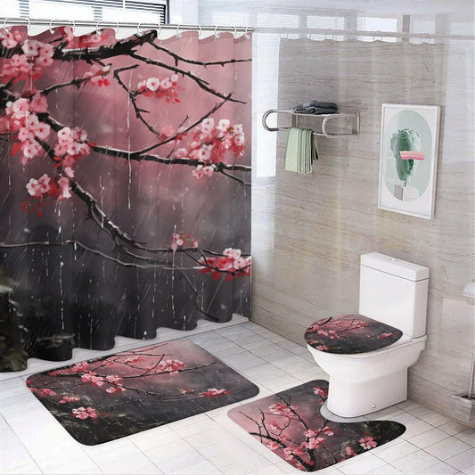 SOPIYRIO 4Pcs Cherry Blossom Pink Floral Shower Curtain Sets with Non-Slip Rugs,Toilet Lid Cover and Bath Mat, Japanese Style Shower Curtain with 12 Hooks,Bath Shower Curtain for Bathroom Decor