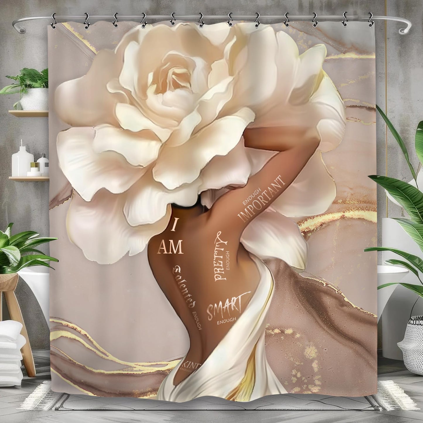 Yookeb African American Flower Bathroom Shower Curtain 60W by 71H Inch Black Girl Woman Sexy Marble Inspirational Motivational Positive Polyester Fabric 12 Plastic Hooks Waterproof Decor