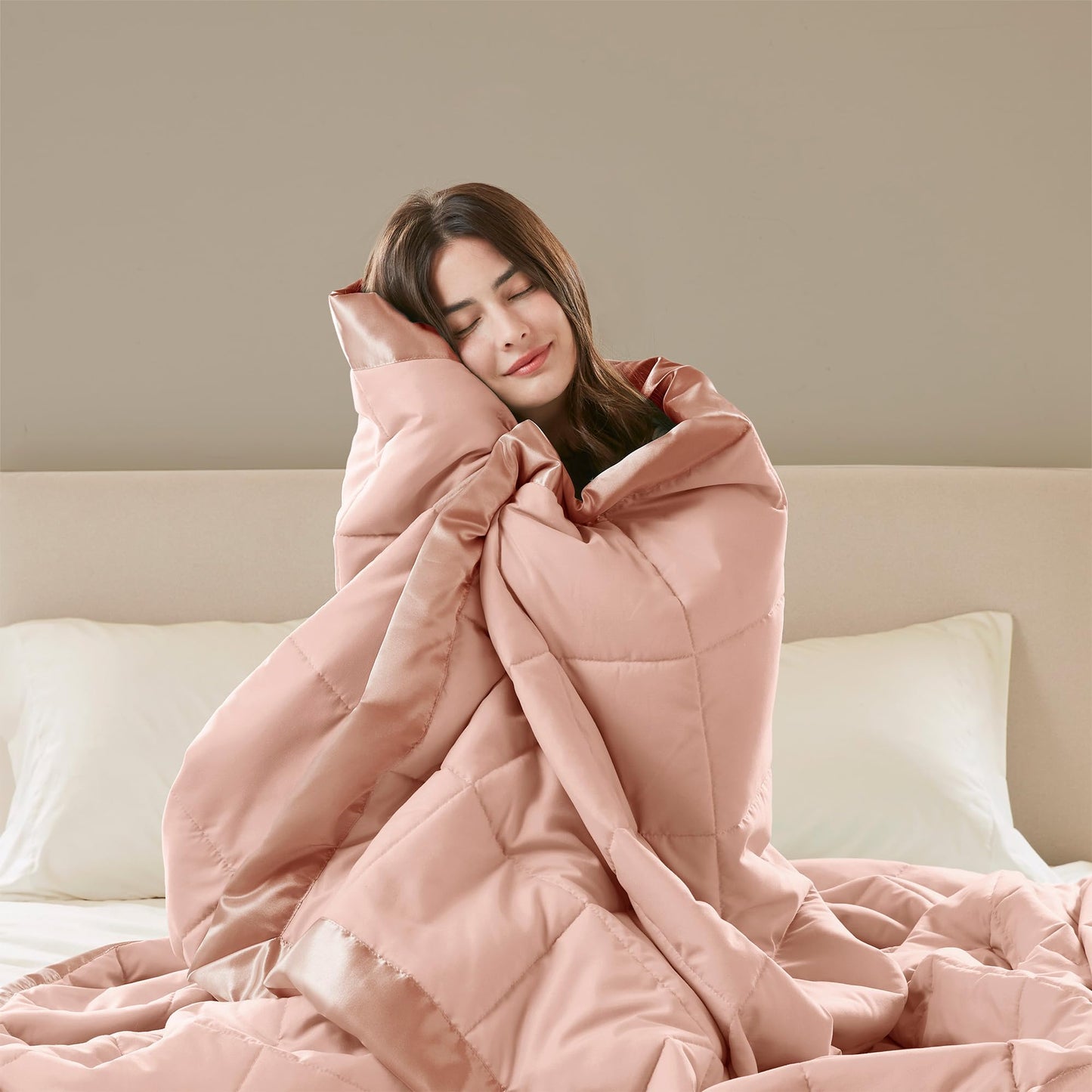 Madison Park Windom Down Alternative Blanket, Premium 3M Scotchgard Moisture Wicking Treatment, Lightweight and Soft Bed Cover For All Season, Satin Trim, Blush Twin