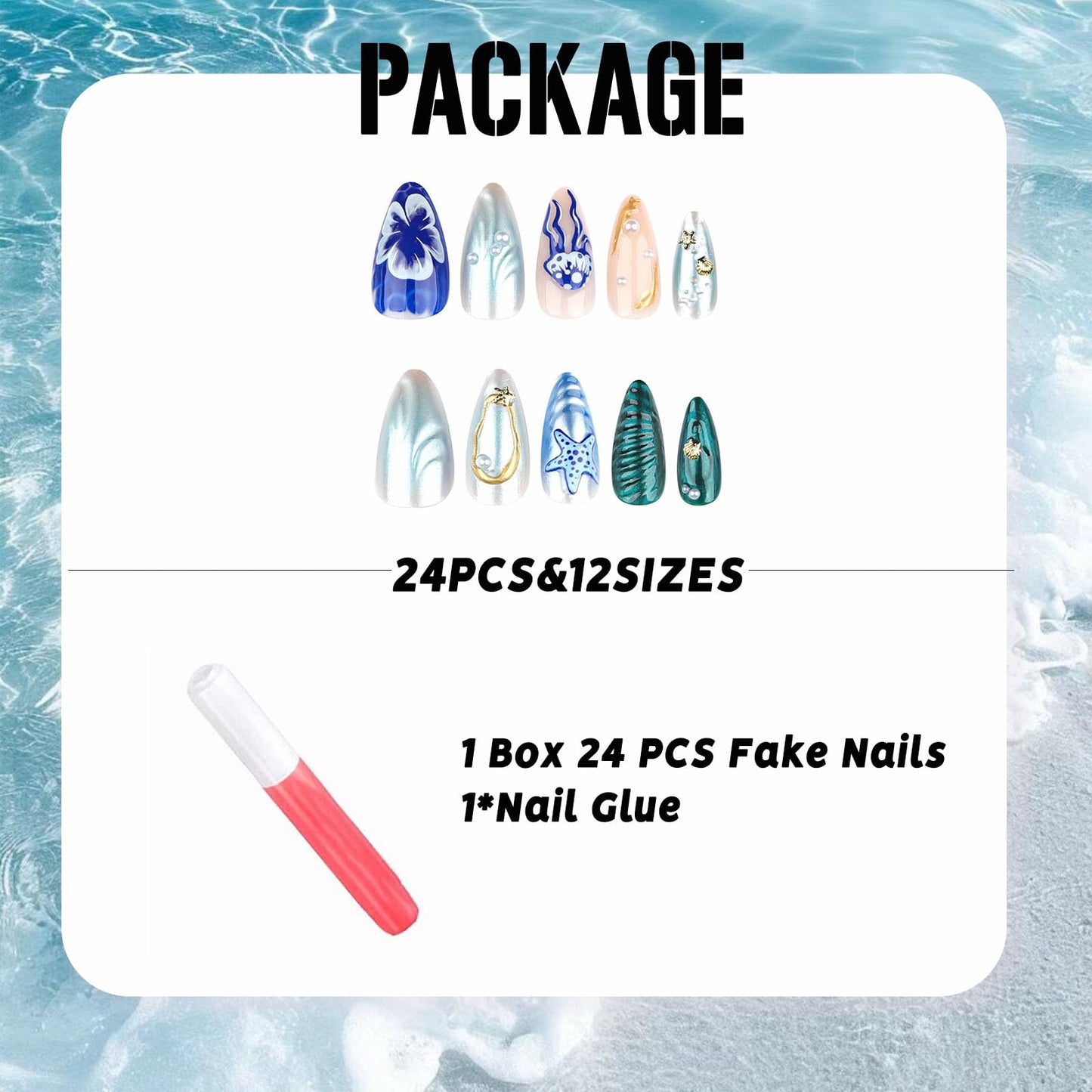IMSOHOT Press on Nails Almond Medium Fake Nails Glossy Full Cover Blue Chrome False Nails with 3D Sea Star & Medusa Designs Artificial Glue Stick on Nails for Women Girls 24Pcs