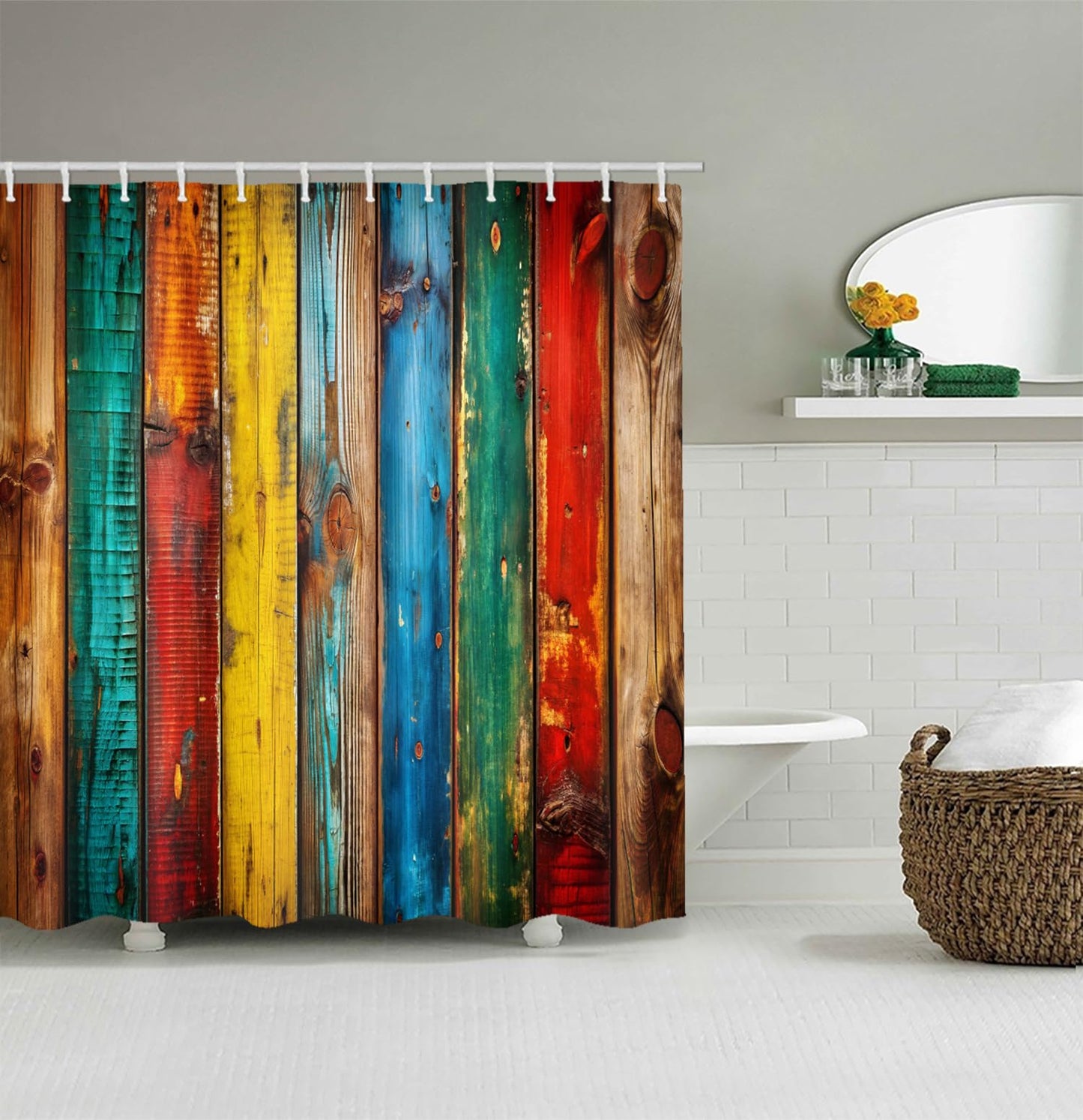 LYFANS Bathroom Shower Curtains Brings a Pleasant Mood to Bathing, with a Unique Artistic Waterproof Colored Wooden Shower Curtain (59x72 Inches) Equipped with 12 Hooks.