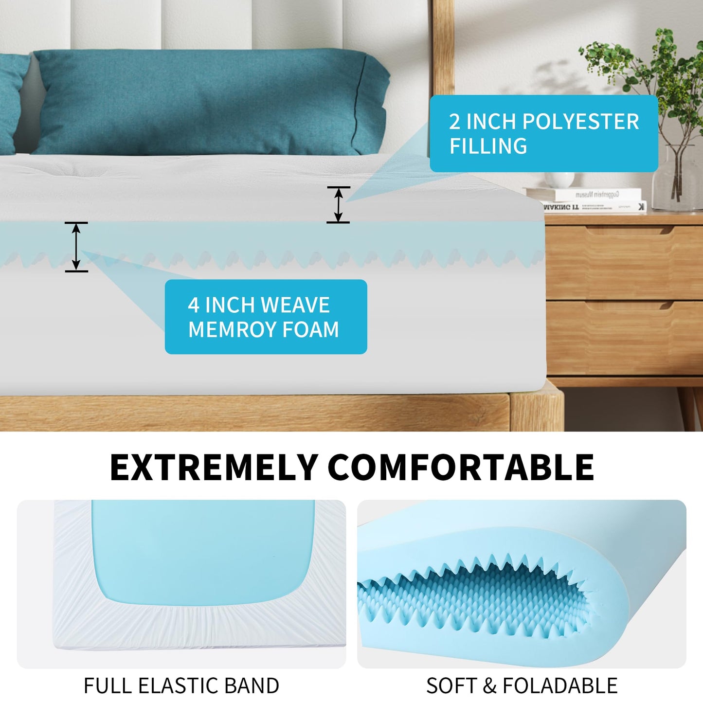 HOMBYS 6 Inches Thickness Mattress Topper Queen Size, Dual Layer Design Soft Pillow Top Mattress Topper, Puffy Mattress Pad Topper for Back Pain Reilef