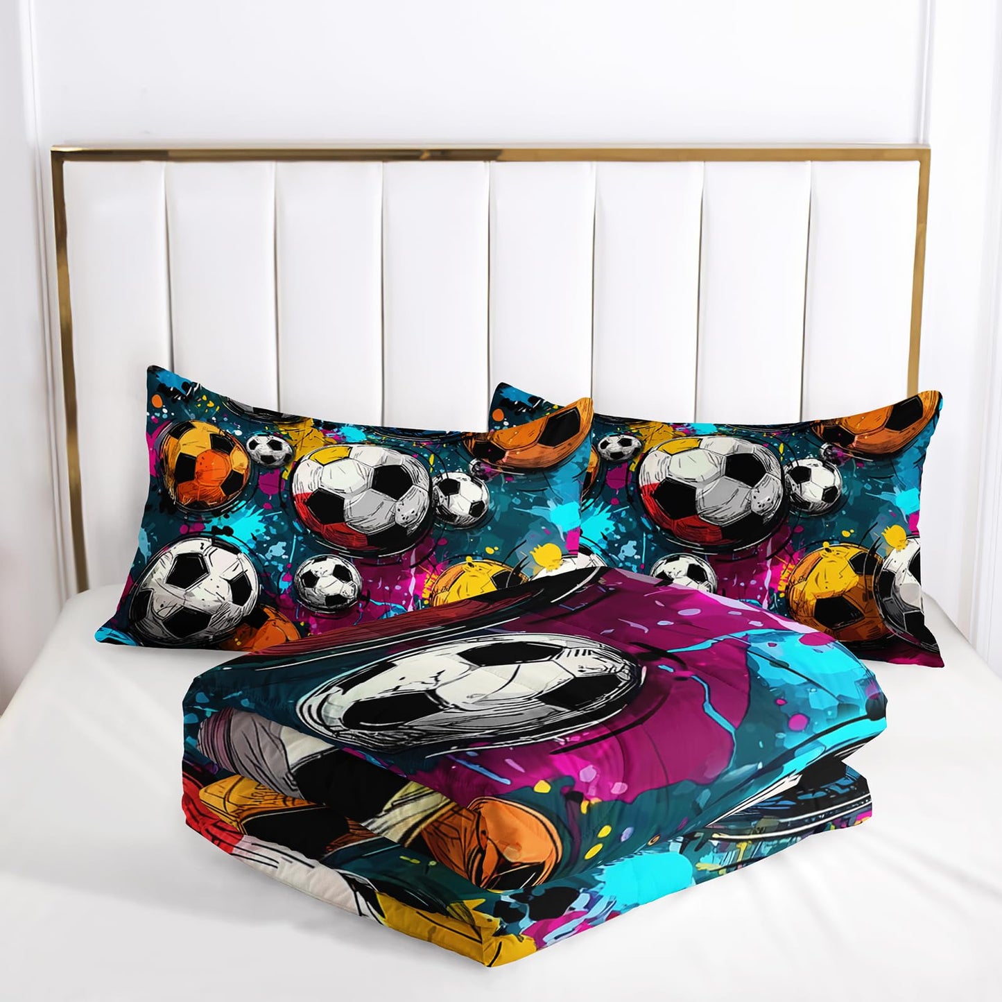 lneffble Soccer Comforter Twin Size,Sport Kids Comforter Set,3Pcs Bedding Set Printed Comforter with 2 Pillowcases,Down Alternative,Soft and Lightweight,for All Seasons