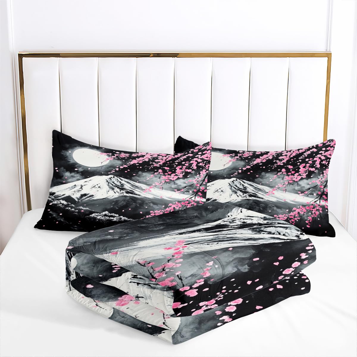 CCoutueChen Japanese Cherry Blossom Comforter Set Queen Grey Pink Floral Bedding Set for Japan Decor Mount Fuji Bedding Soft Lightweight Comforter Sets with 2 Pillowcases