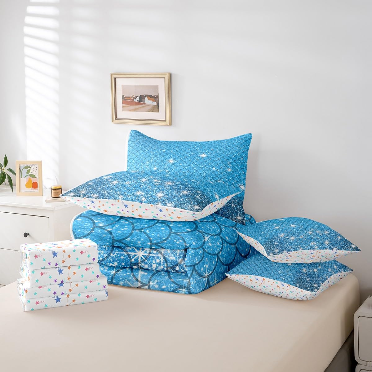 jejeloiu Blue Mermaid Scales Comforter Set with Sheets Queen Size Kids Glitter Fish Scales 7 Pieces Bedding Set for Boys Girls Teens Ocean Marine Themed Bed in a Bag Breathable Bedroom Decor