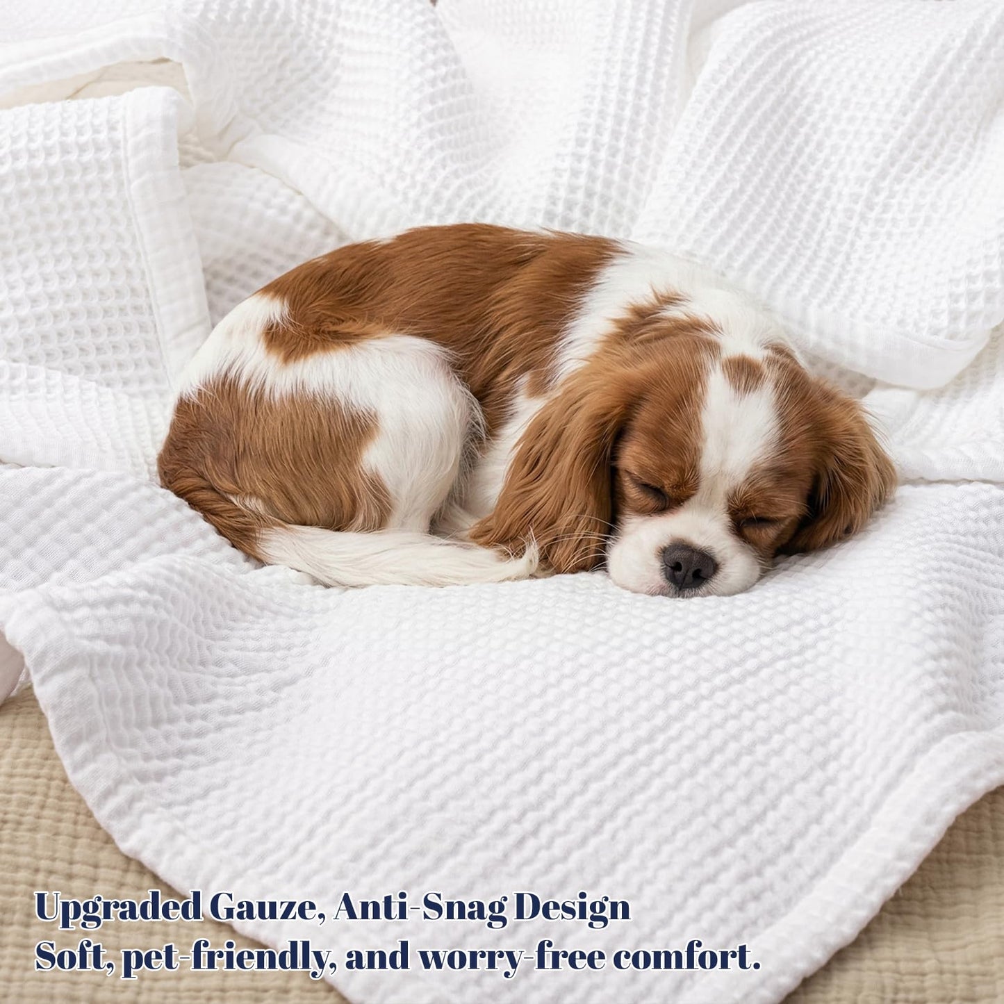 PHF 100% Cotton Waffle & Muslin Blanket Queen Size, Soft Breathable Luxury 400GSM Versatile Reversible Bedding for Bed, Great for Layering in Cold Weather, Home Decor Gift, 90" x 90", White