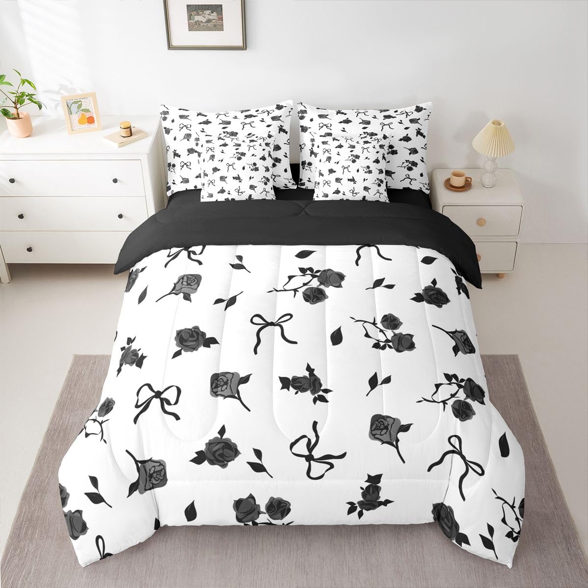 Erosebridal Princess Bowknot Full Size Comforter Set,Black Bow Rose Floral 7-Piece Bed in A Bag,Fantasy Sheets and Pillowcases,Ribbon Bow Knot Bedding Set Room Decor