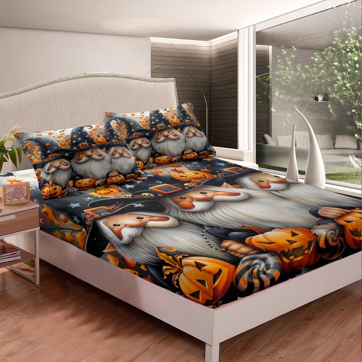 Halloween Gnome Fitted Sheet 3 Pcs,3D Watercolor Pumpinks Candy Soft Microfiber Sheets Breathable Bedding,Cute Witch Hat with Stars Pattern Bedsheet with Deep Pocket