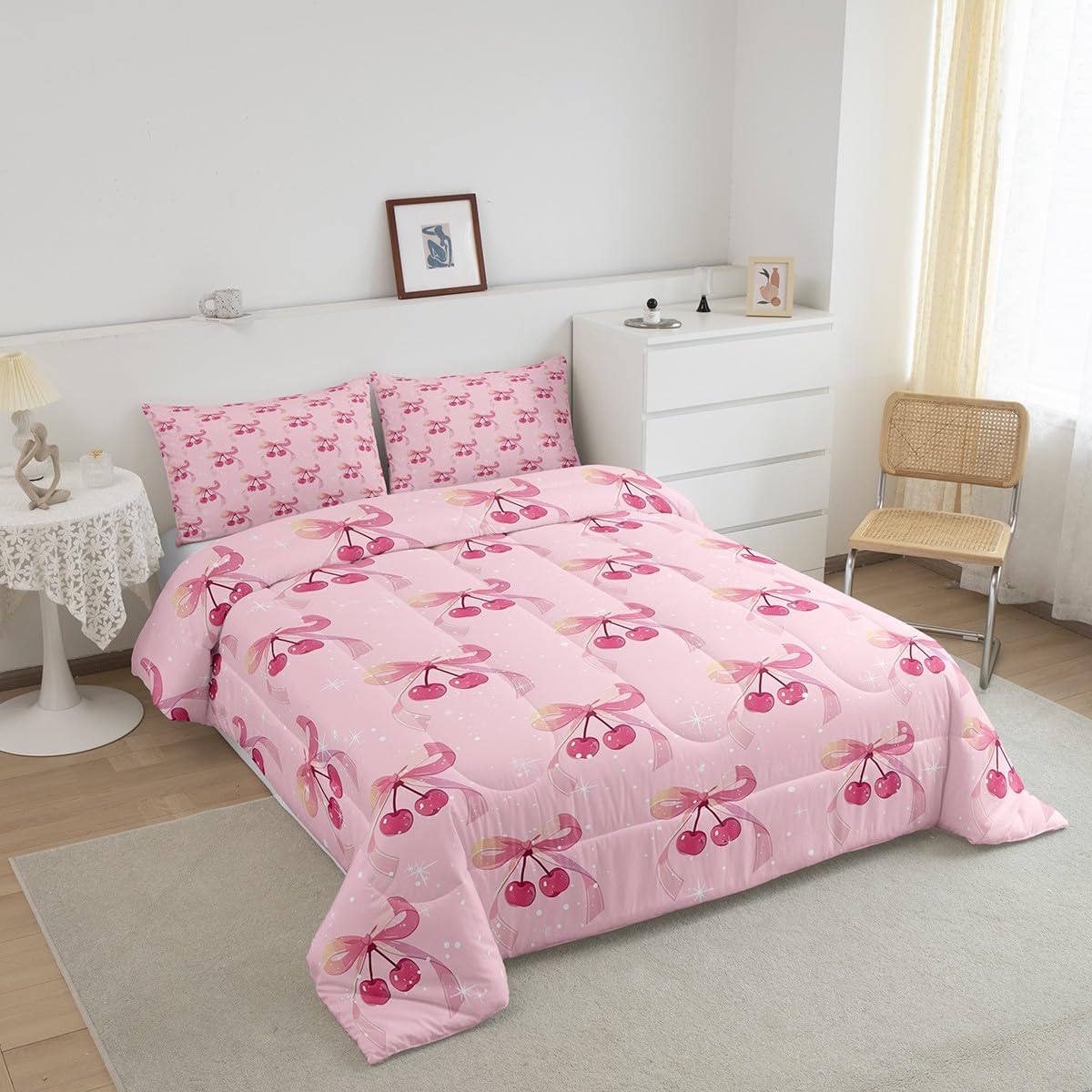 Feelyou Pink Bow Bedding Set Kids Boys Girls Queen Size Cherry Pattern Comforter Set Ultra Soft Cute Coquette Bow Knot Comforter Bow Decor Duvet Quilt Bedroom Decor Bow Knot Quilt