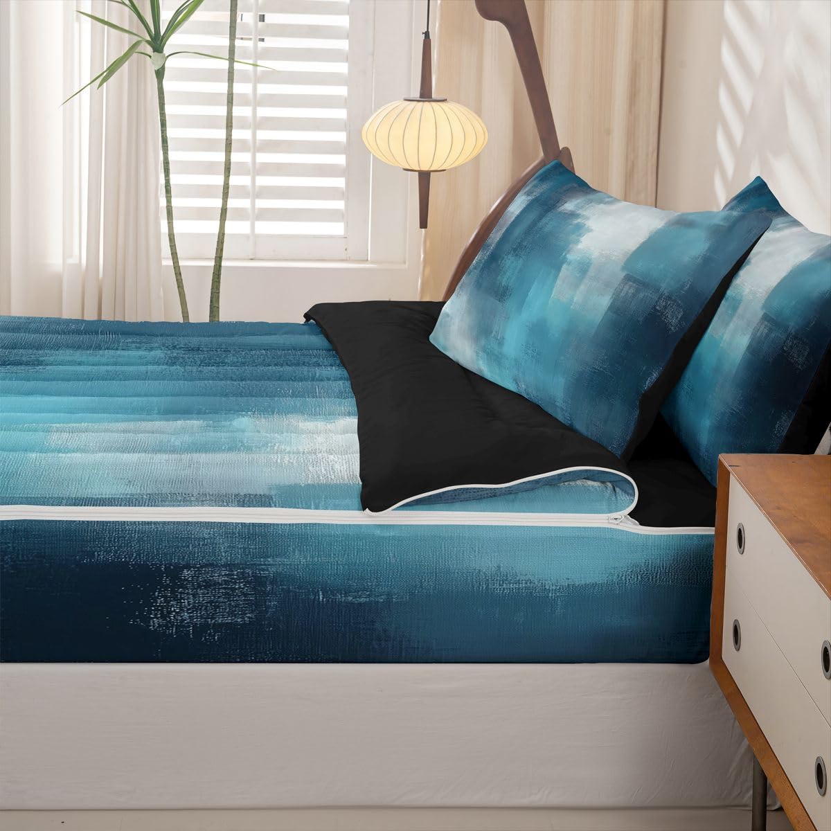jejeloiu Abstract Zipper Bedding Twin Blue Zipper Bedding Sets for Kids Boys Girls Modern Art Comforter Set with Fitted Sheet and 2 Pillowcases Bedroom Decor
