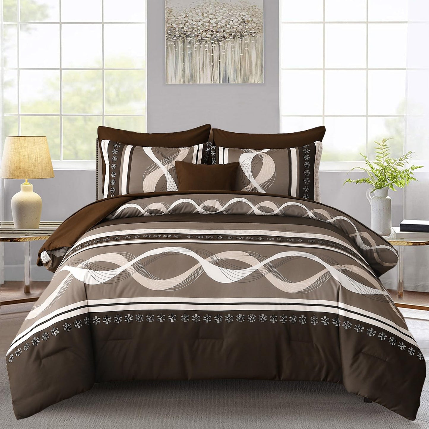 Anibedding Boho Comforter Set,8 Pieces Bed in a Bag Patchwork Striped Comforter Set,Brown Bed Set Queen Size, Soft Microfiber Boho Bedding Set for All Season(90"×90")