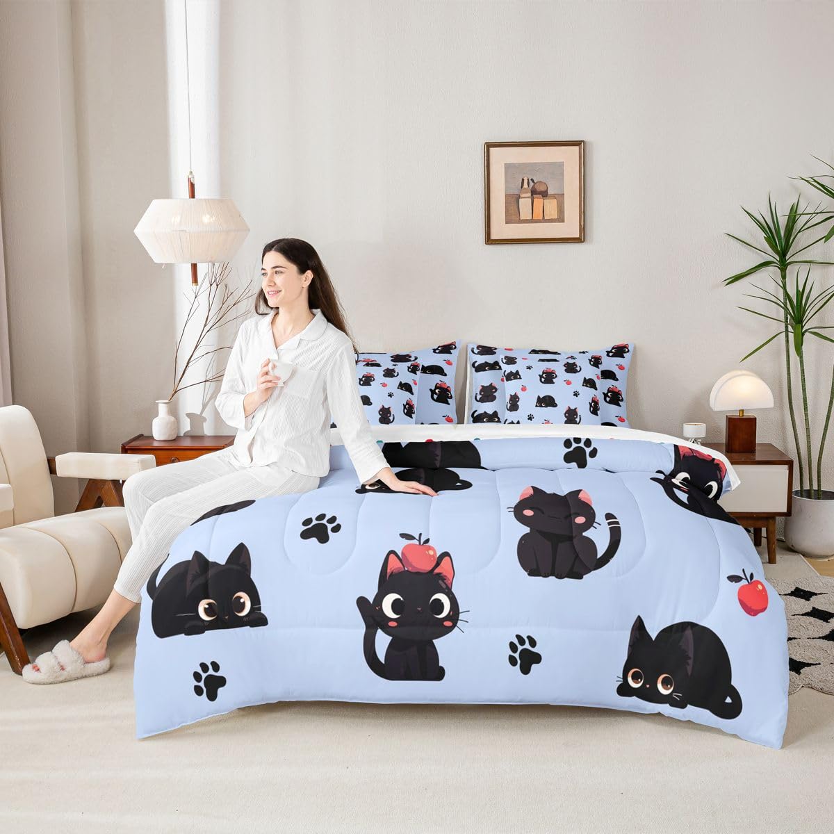 Erosebridal Cute Black Cats 7-Piece Bedding Set Full Size for Kids Girls Teens - Cartoon Black Cats Bed in a Bag Lovely Cat Paw Print Comforter Set with Sheets Kawaii Animal Cat Duvet Insert