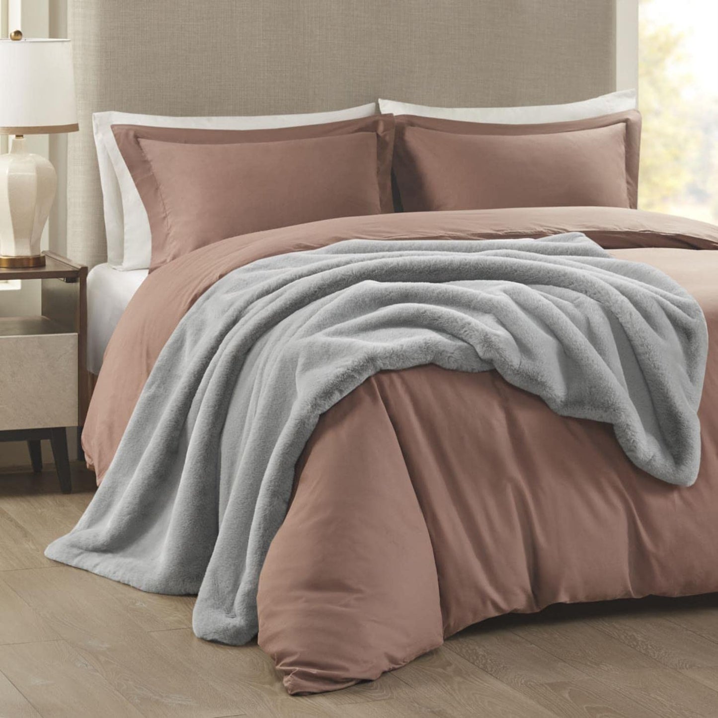 Madison Park Reversible Faux Fur Throw Blanket for Winter, Premium Warm Fuzzy Cover, Luxuriously Soft Velvet Texture Reverse, Cozy for Lounging on Couch, Sofa Ideal for Home Office, 50x60 Grey