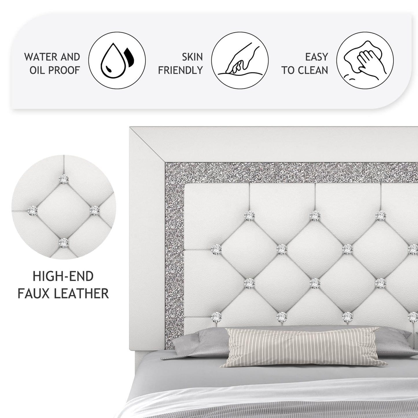 King Bed Frame, Faux Leather Platform Bed with Upholstered Diamond Headboard, Mattress Foundation with Strong Wooden Slats Support, No Box Spring Required, Easy Assembly, White