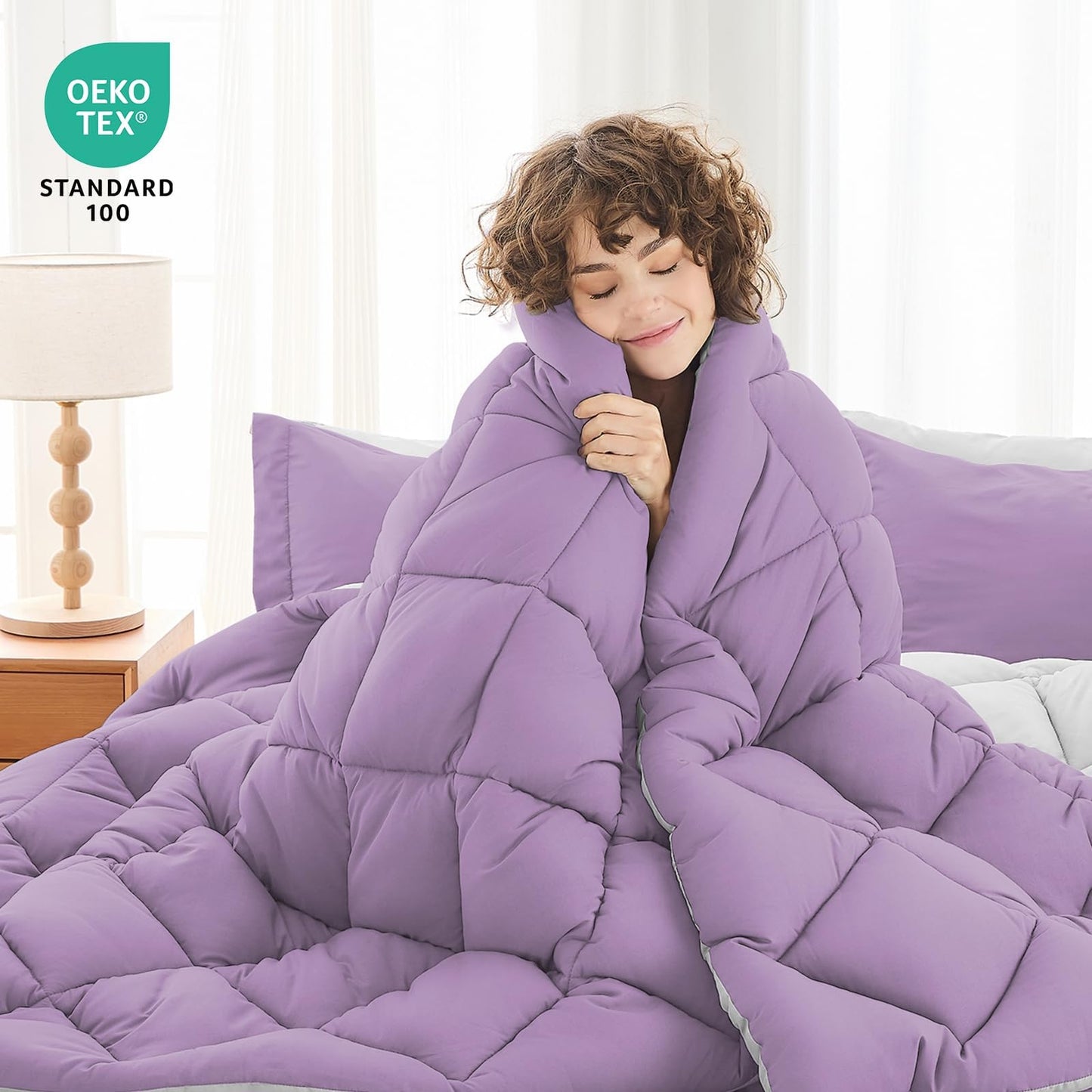 MUXHOMO 7 Pieces California King Comforter Set, Reversible Bed in a Bag Cal King Size, All Season Bedding Set with Comforter, Flat Sheet, Fitted Sheet, Pillowcases & Shams, Greyish Purple & Light Grey