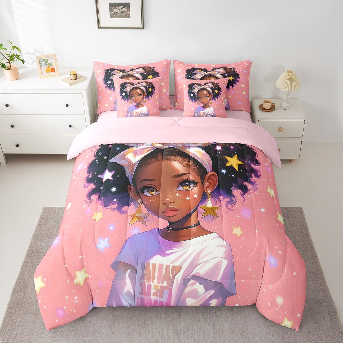 Cartoon Cute Girl Comforter Set,African American Style 7 Piece Bed Set Twin Size for Kids,Glitter Print Star Dots Bed in a Bag Bedding Set with Comforter,Sheet Set,Pillowcases,Pillow Covers