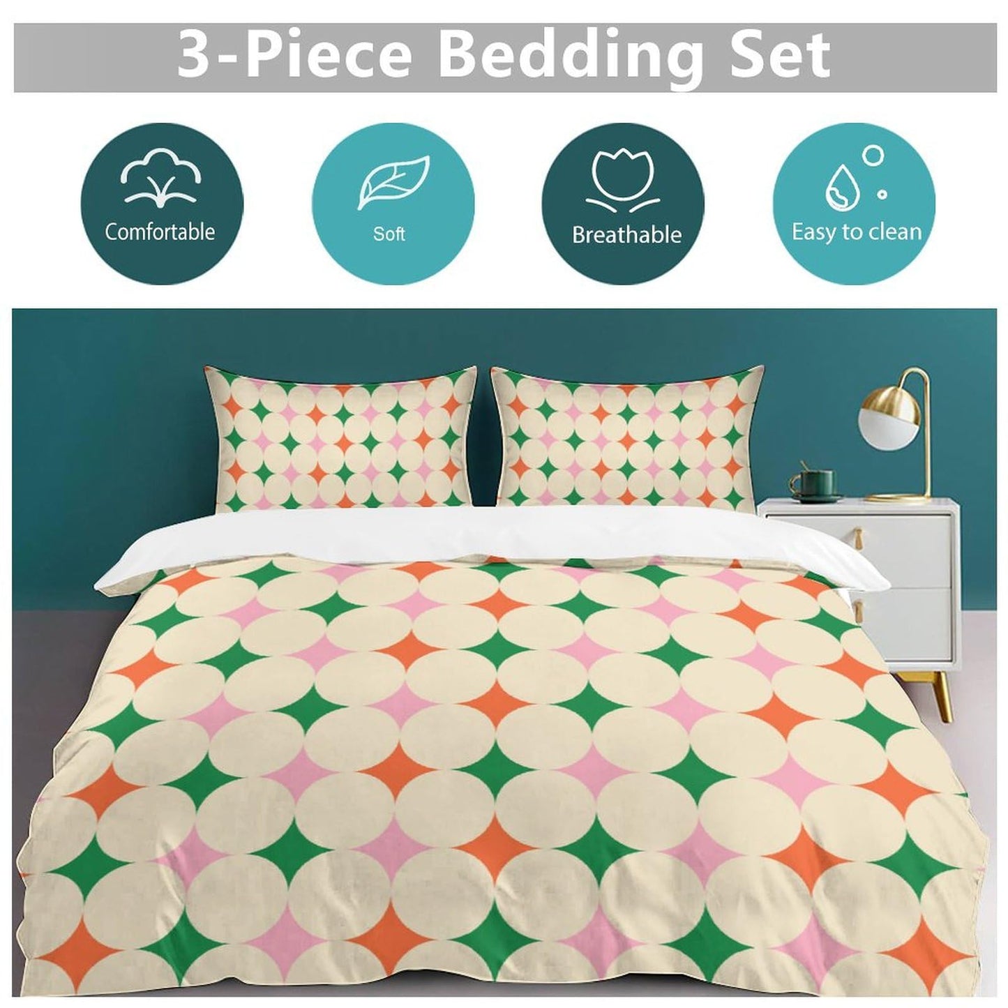 Focusbrite Modern Mid Century Duvet Cover, Vintage Geometry Bedding Sets Soft Comforter Cover，Aesthetic Abstract Art Bedding 3 Piece (1 Duvet Cover 86"x70" + 2 Pillow Sham 20"x30")
