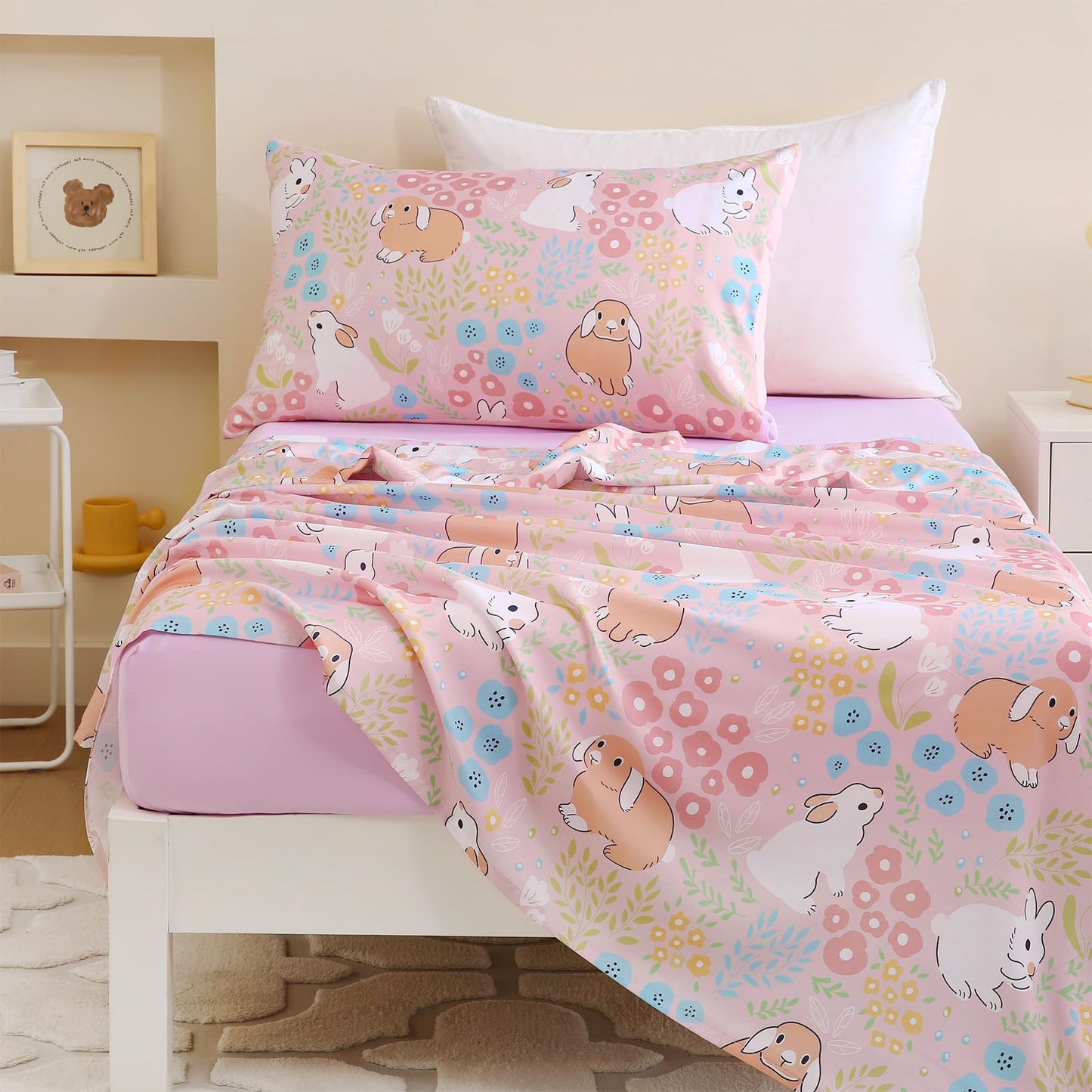 Homilay Toddler Size Light Pink Comforter Set for Kids, Toddler, Boys&Girls, 4 Pieces Bed-in-a-Bag Bedding Set, All Season Ultra Soft Oeko TEX Sheets Set with Comforter, (Cute Rabbit)