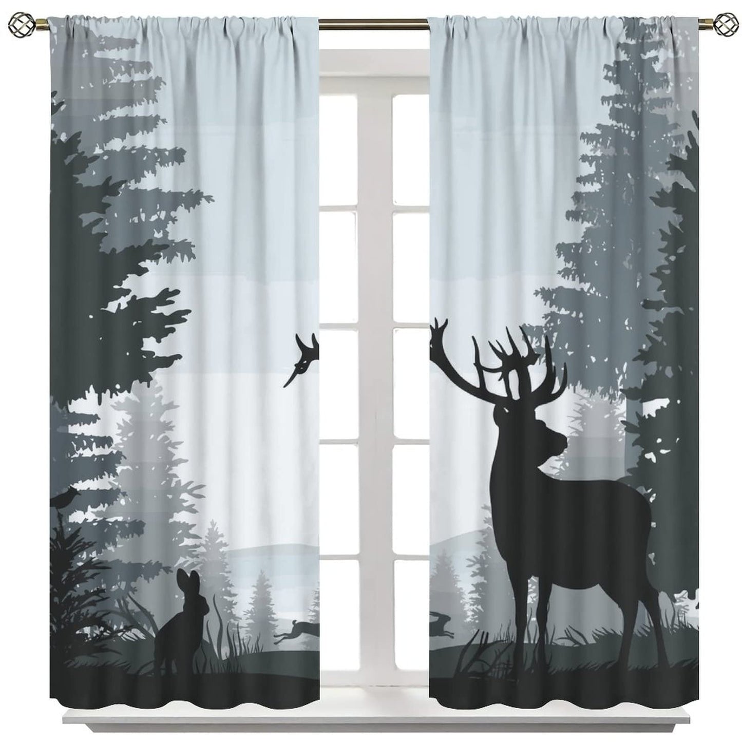 Deer Blackout Curtain,Misty Forest Rustic Wildlife Moose Mountain Elk Rabbit Pine Forest Silhouette Window Curtains Bedroom Living Room Insulated Window Drapes,2 Panels W42 xL45