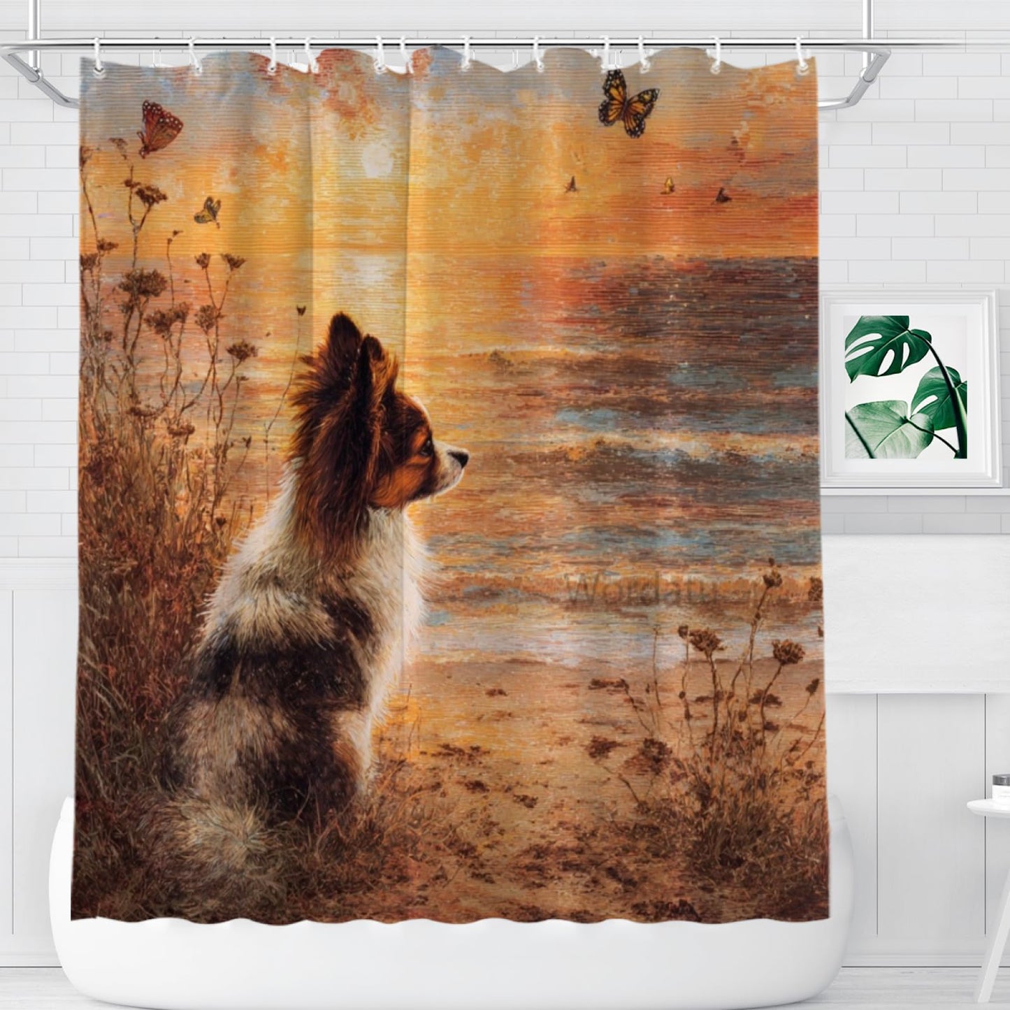Wordatu Papillon Shower Curtain on Sunset Sunrise Beach Seascape Art Shower Curtain Set, Nautical Ocean Bath Accessories Coastal Seaside Bathroom Decor 72x72 Inches