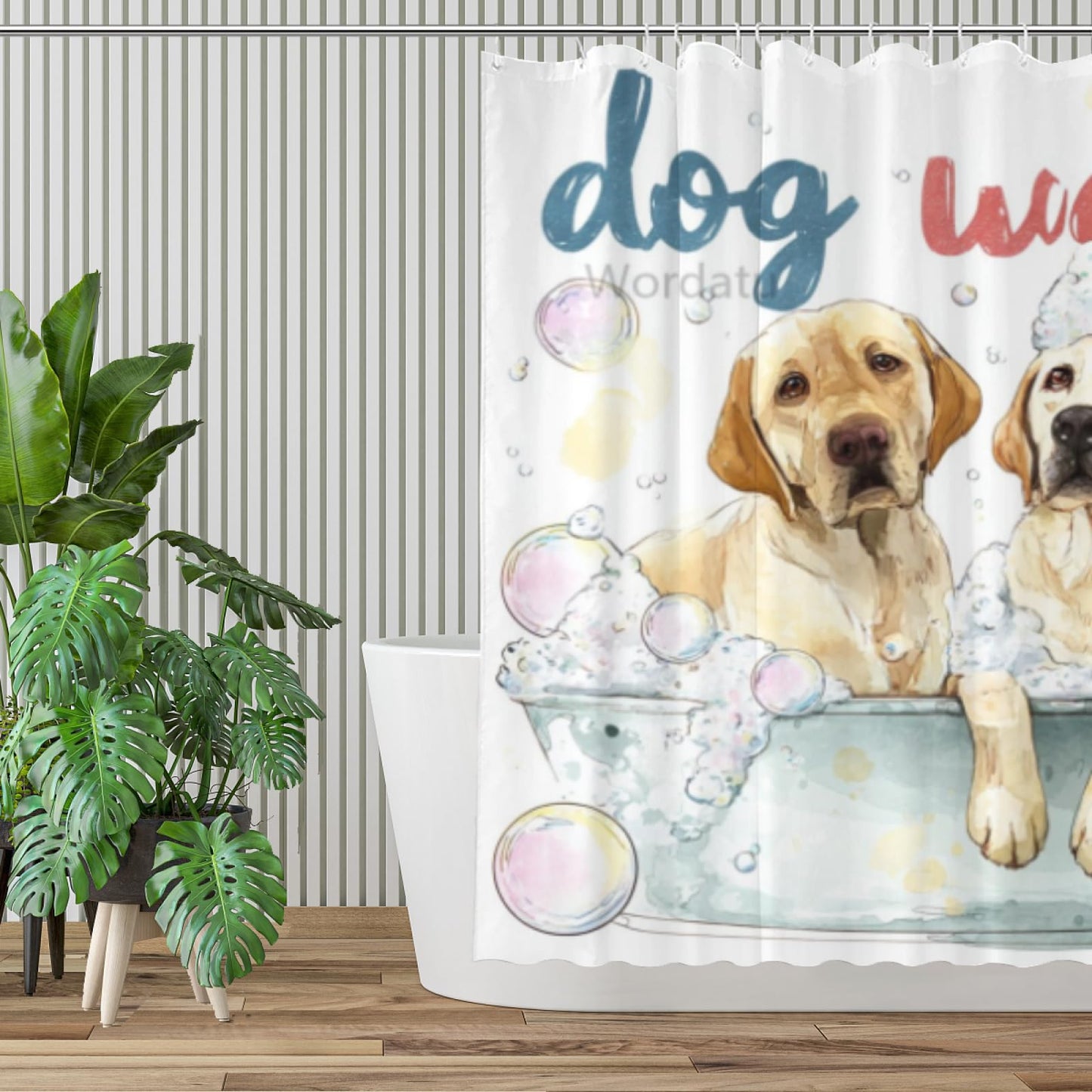 Wordatu Labrador Retriever Cartoon Shower Curtain Playful Dogs in a Bathtub Pets Cloth Fabric Bathroom Decor Set with 12 Hooks 72x72 Inch