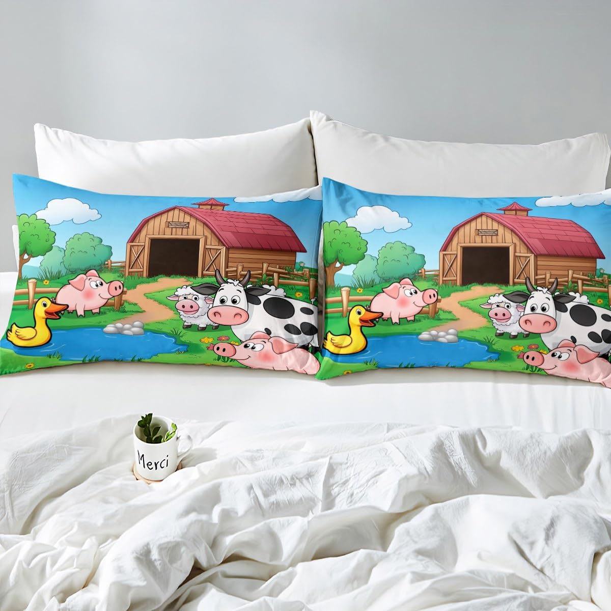 Erosebridal Cartoon Alpaca Sheet Set Cattle Cow Pig Fitted Sheet Full Size for Kids Girls Boys Children Happy Farm Animal Bedding Set Blue Sky Plant Bed Cover with 2 Pillow Cases(No Top Sheet)