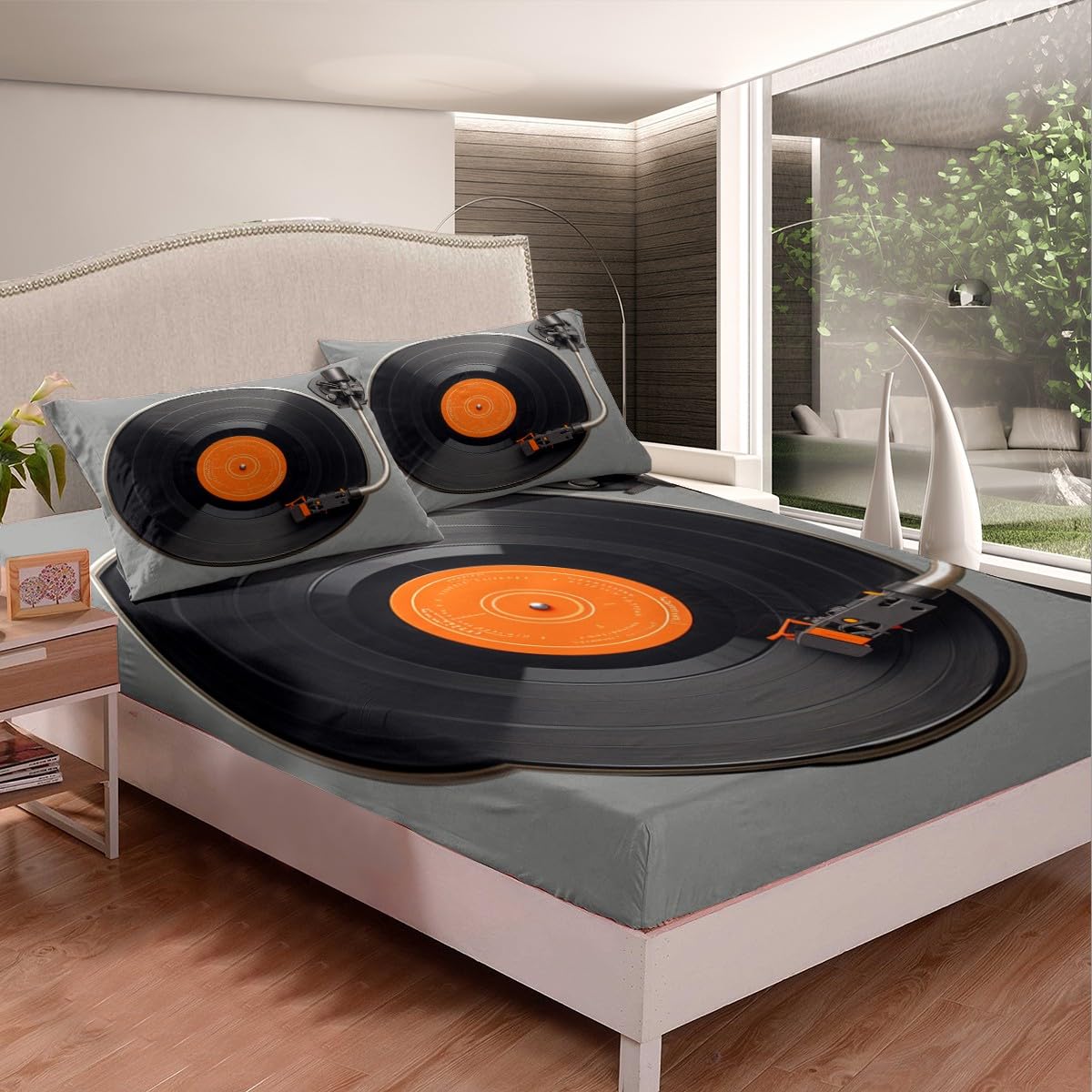 Feelyou Vinyl Record Sheet Set CD Card Bed Sheets Set for Kids Disc Music Sheets with Deep Pocket Fitted Sheet Grey Black Bedding Set Bedroom Decor 3Pcs Twin