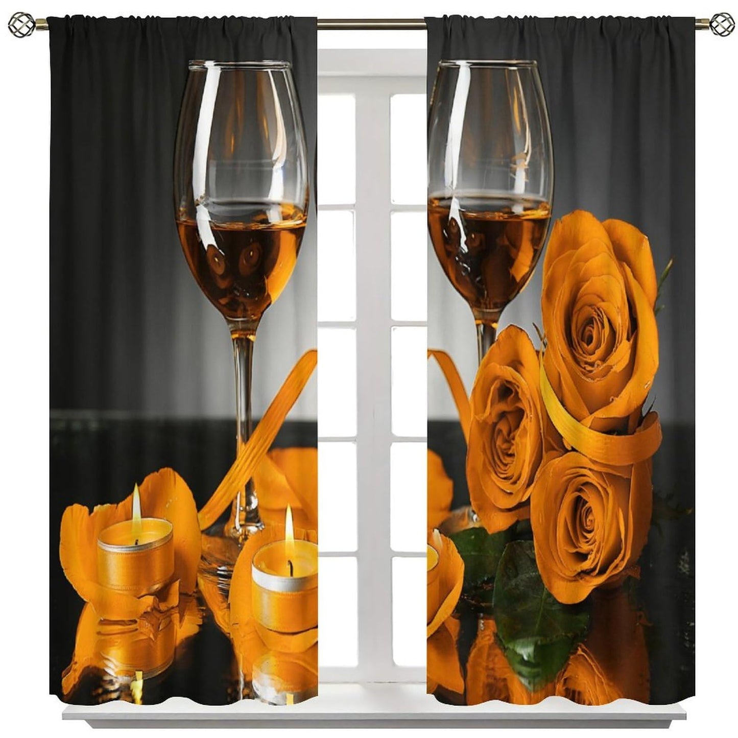 GoDazzling Rose Wine Blackout Curtains, Orange Floral Valentine Blossom Romantic Lover Art Printed Window Drapes, for Living Room Bedroom Kitchen 42" W X 45" L