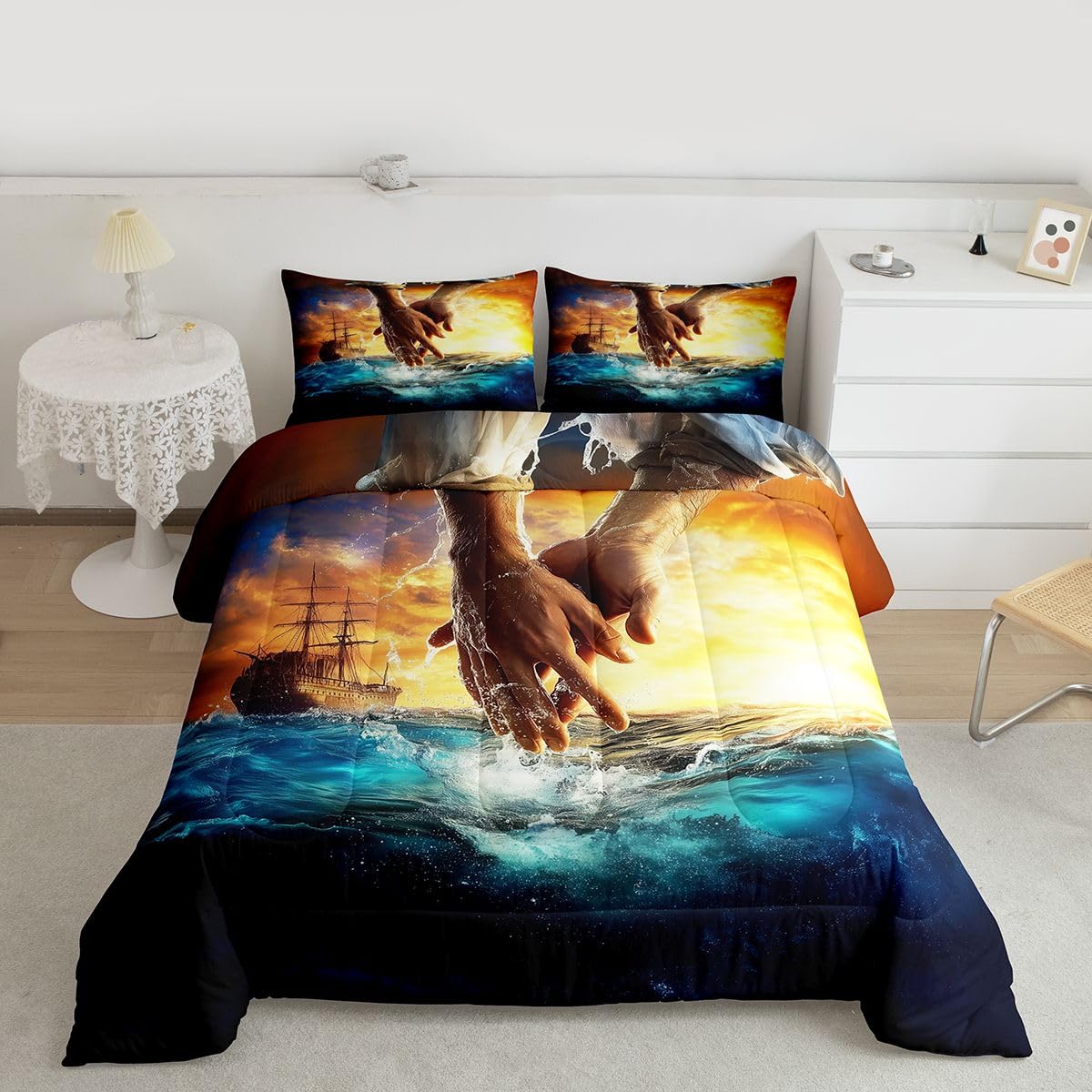 Manfei The Hand of God Girls Bedding Set Twin Size,God Reaching Into Water Comforter Set,Western Blue Ocean Bible Quilt Comforter Girls Boys Teens,Blue Orange Room Decor All Season,1 Pillowcase
