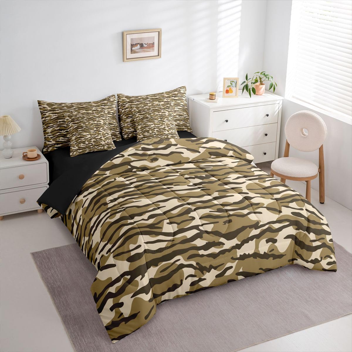 Erosebridal Boys Camo 7-Piece Bed in a Bag Full Size for Kids Teens Men | Military Camo Bedding Set Rustic Country Cabin Farmhouse Comforter Set with Sheets Army Green Hunting Duvet Insert
