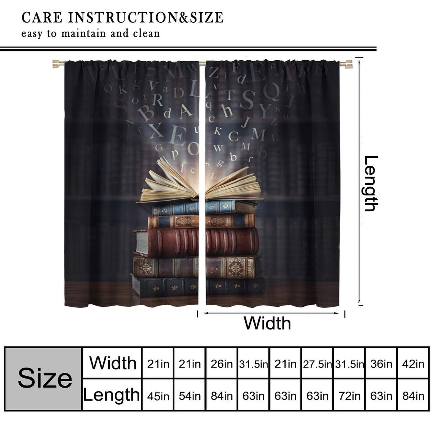 Nsbul Book Stack Curtains Mystical Alphabet Open Book Design Window Treatment Vintage Bookshelf Window Drapes for Bedroom Living Room,42" W X 45" L (No Blackout)