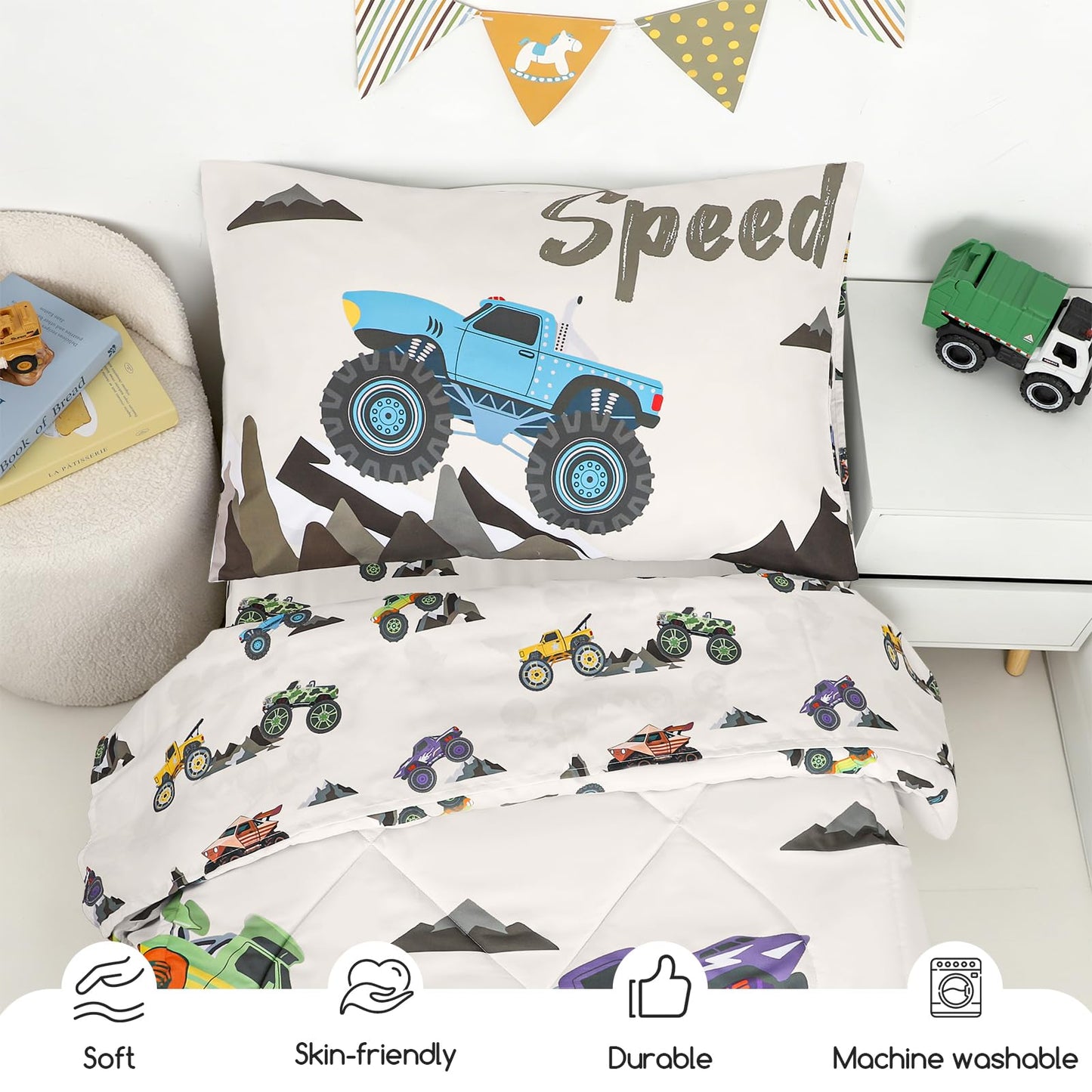 DAYEEBALL 4 Piece Toddler Bedding Set, Ultra Soft and Breathable Cartoon Car Toddler Comforter Sets for Boys Includes Quilted Comforter, Fitted Sheet, Flat Sheet and Pillowcase