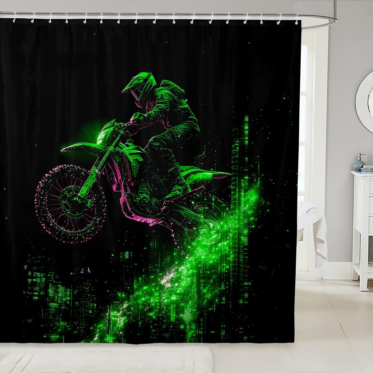 Feelyou Kids Dirt Bike Bathroom Shower Curtain Set Racing Motocross Rider Bath Curtain Boys Girls for Motorbike Shower Curtain Extreme Sports Teens Bathroom Accessories Bedroom Decor 72"x72"