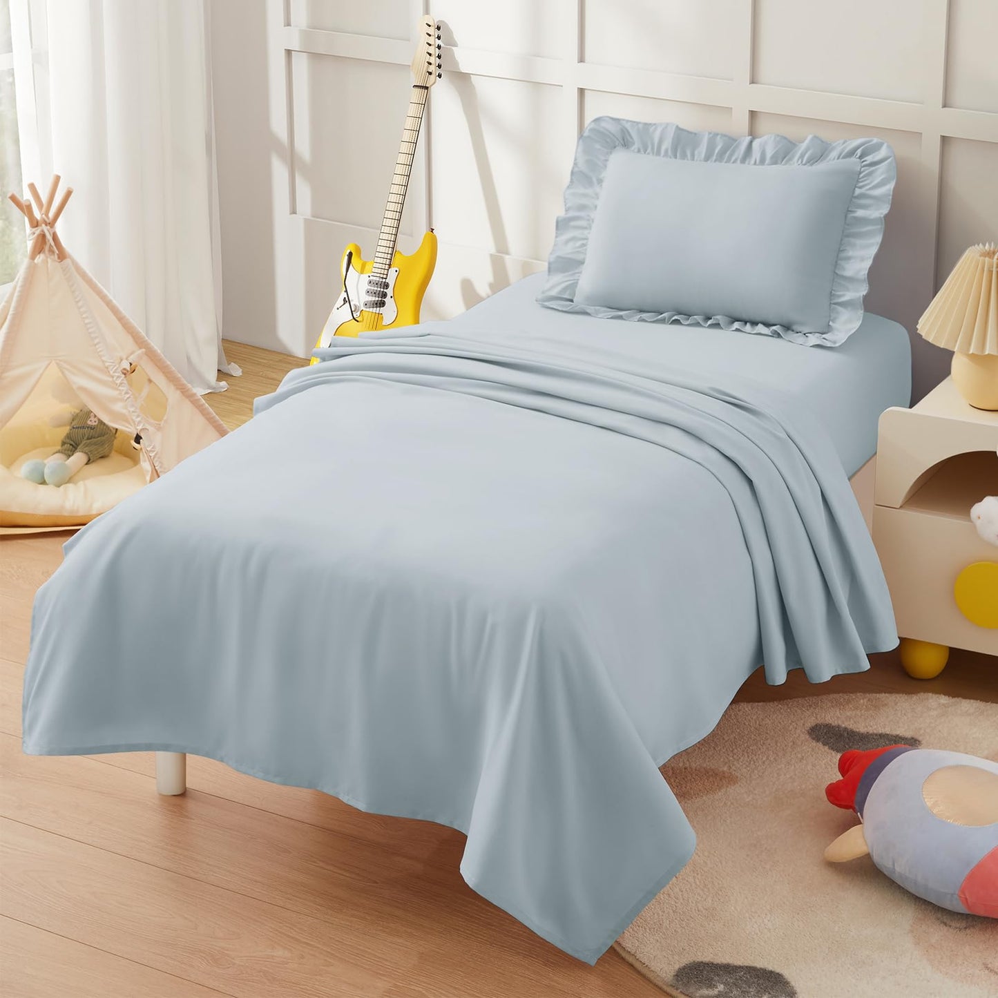 KKJIAF 3 Piece Toddler Sheet Set Microfiber, Includes a Flat Sheet, a Fitted Sheet and a Ruffle Pillowcase, Dusty Blue