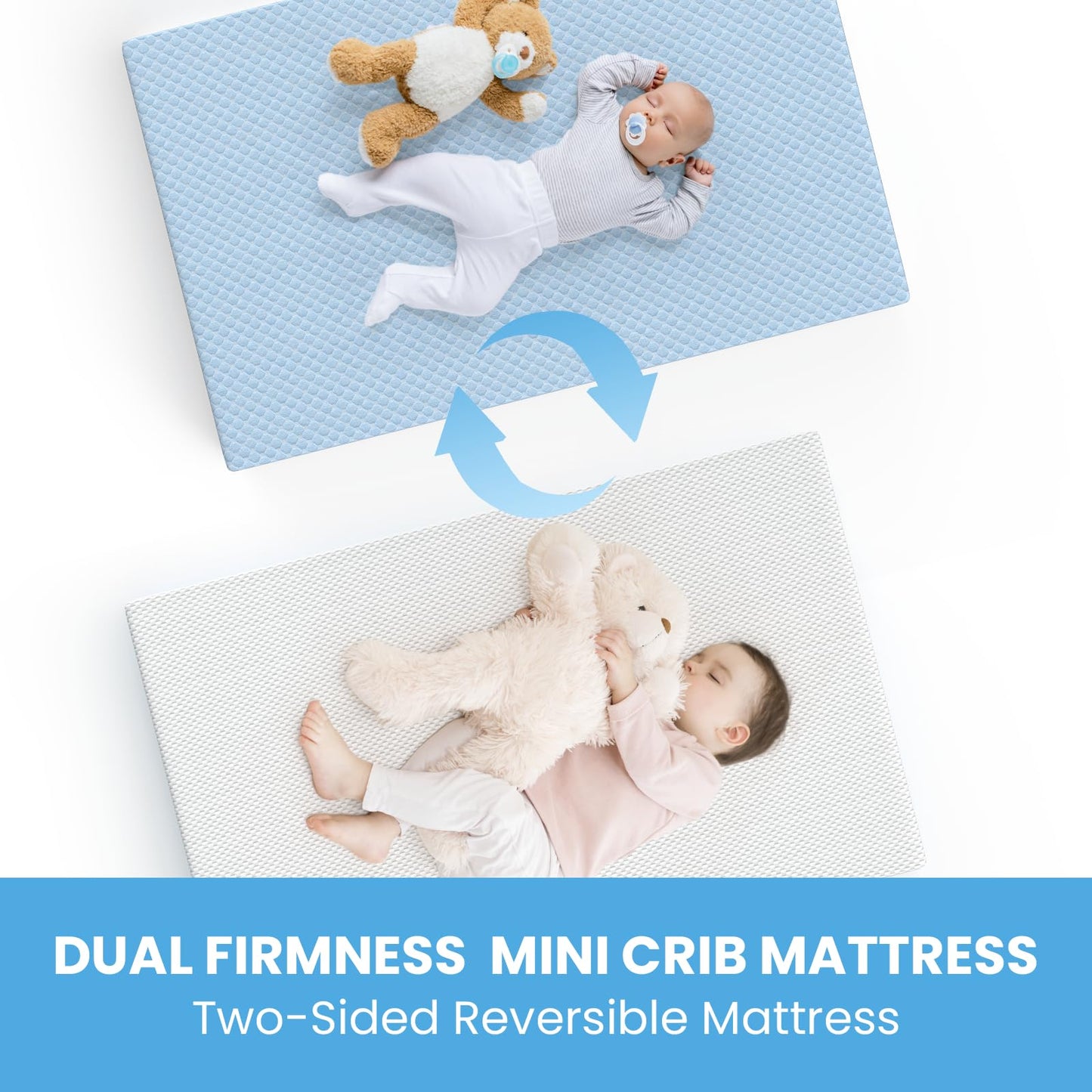 Dourxi Mini Crib Mattress, 38x24X4 Inch Dual Sided Comfort Gel Memory Foam, Breathable Premium Baby Mattress for Mini and Portable Cribs w/Removable Outer Cover - White&Blue
