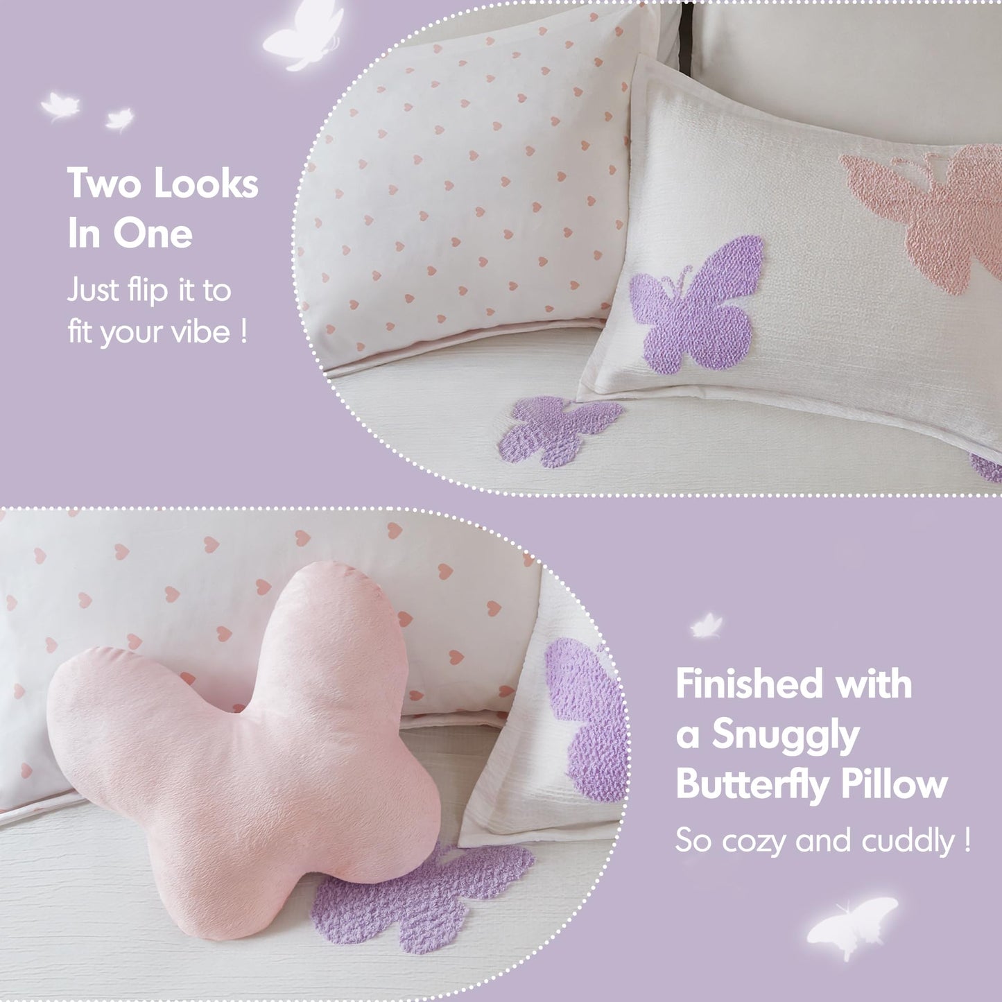 Intelligent Design Kids Rio Full/Queen Comforter Set – Girls’ Reversible Tufted Chenille Bedding with Pastel Purple Butterflies and Pink Dot, 4pcs