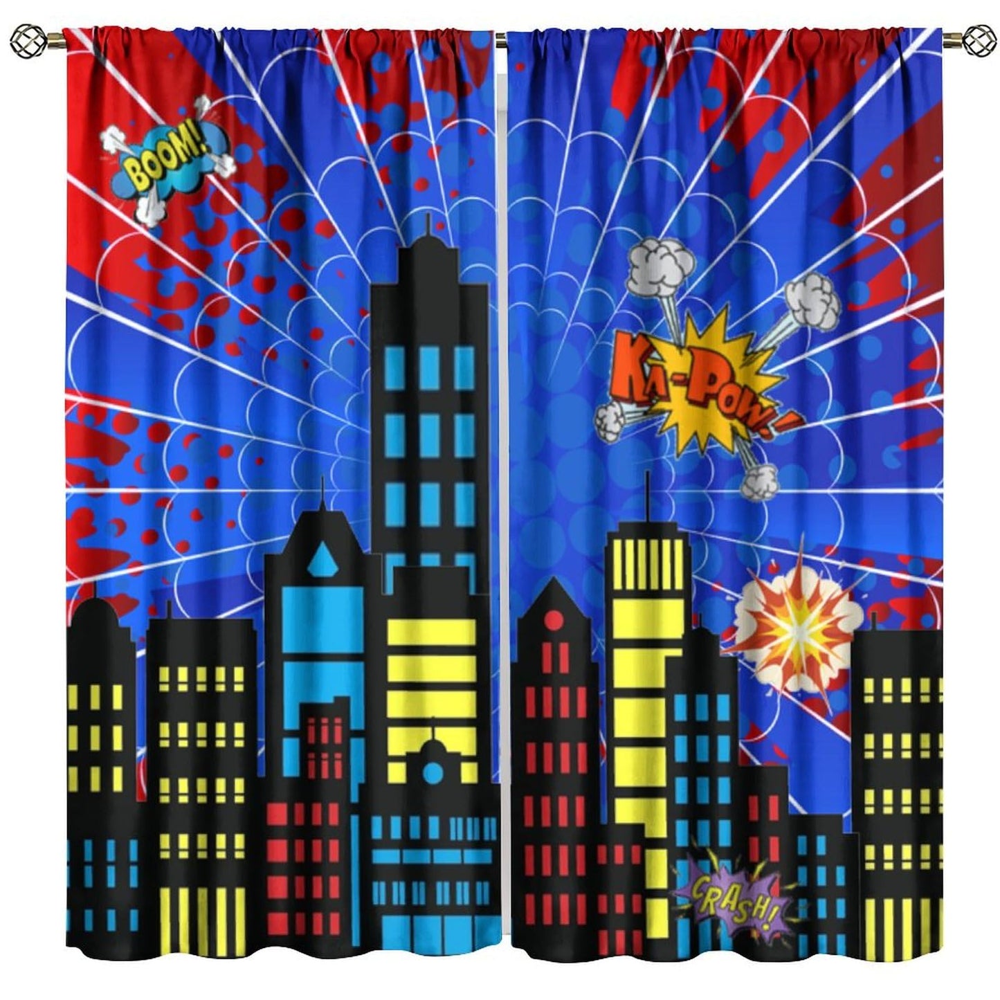 DDCBNS Super City Hero Window Curtains for Kids,Comics Style Super Urban Cartoon Spider Web Window Treatments for Boys Girls Bedroom Nursery Décor Drapes 2 Panel Sets Total Size 42" x 45"