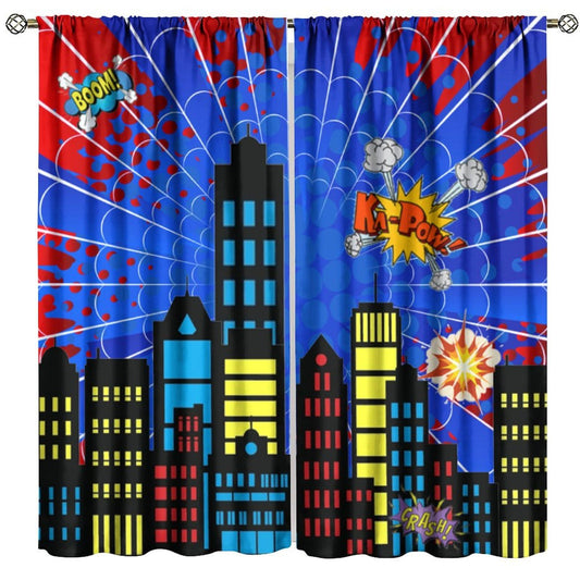 DDCBNS Super City Hero Window Curtains for Kids,Comics Style Super Urban Cartoon Spider Web Window Treatments for Boys Girls Bedroom Nursery Décor Drapes 2 Panel Sets Total Size 42" x 45"