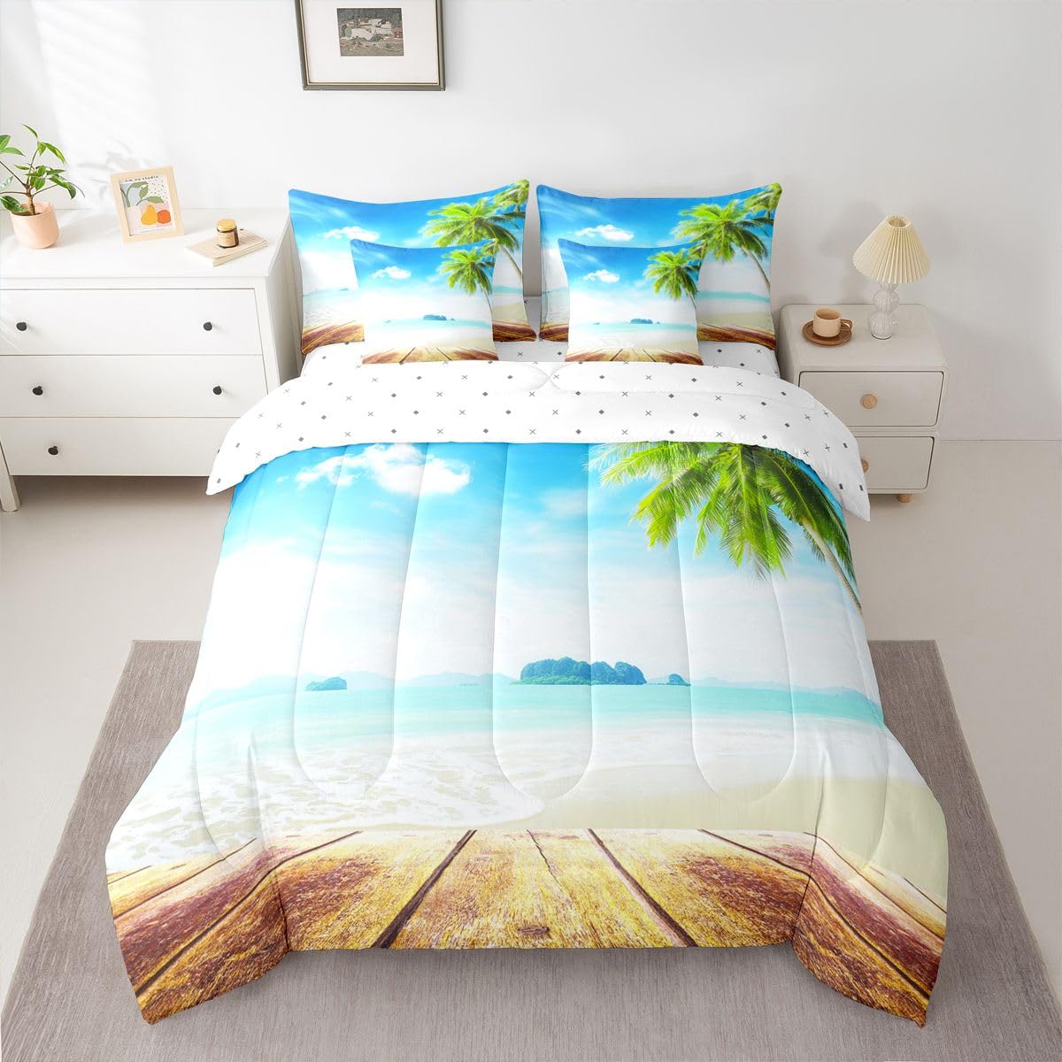 Erosebridal Beach Comforter Set King Size 7 Pieces, Ocean Bed in A Bag, Tropical Palm Tree Hawaiin Bedding Set with Comforters, Sheets, Pillowcases Coastal Nature Theme Bedroom Decor